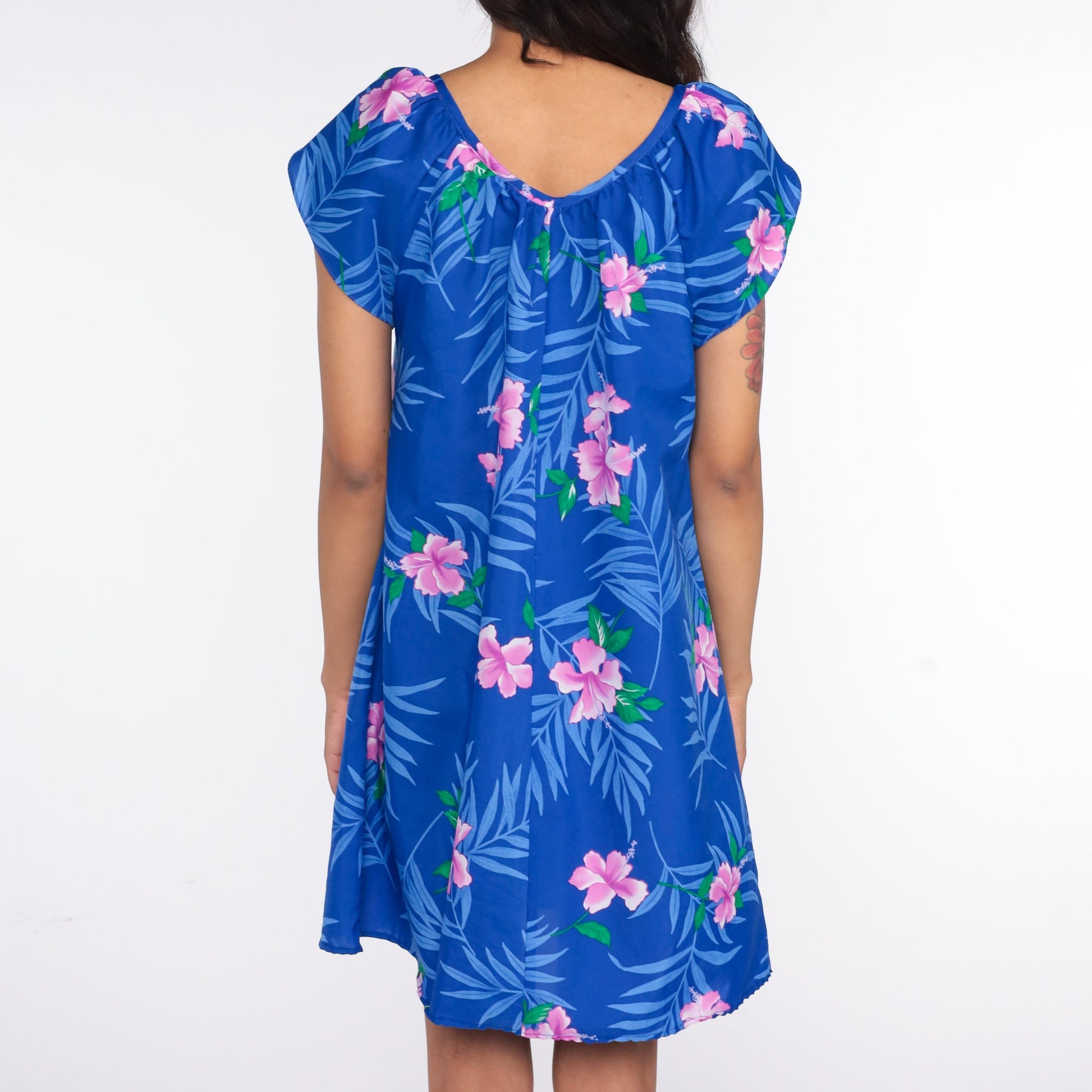 80s Hawaiian Floral Mini Dress Blue Puff Sleeve Shift Large