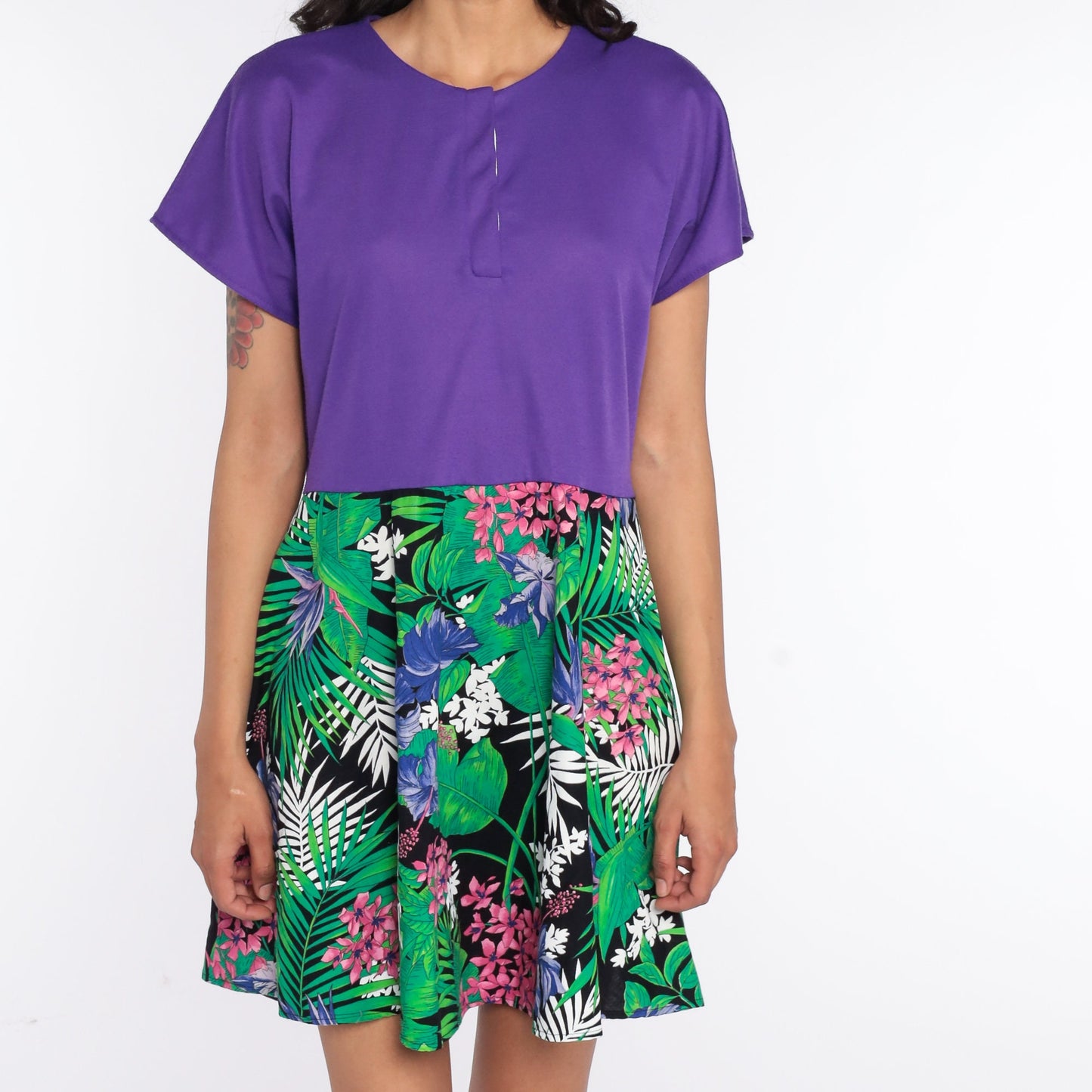 80s Tropical Floral Mini Dress Purple Bodice High Waisted Cap Sleeve Medium
