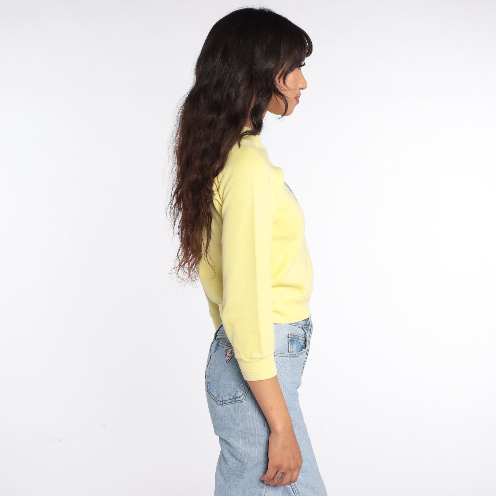 80s Teddy Bear Print Raglan Sweatshirt Yellow Graphic Crewneck XXS