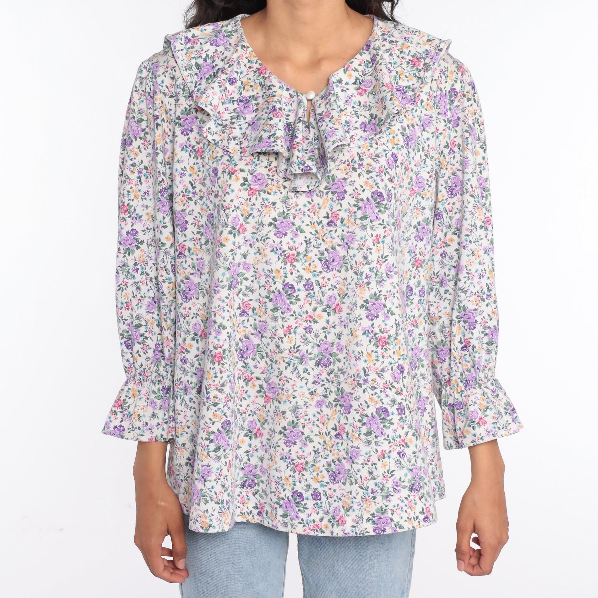 80s Floral Tuxedo Blouse Purple Ruffle Long Sleeve Medium