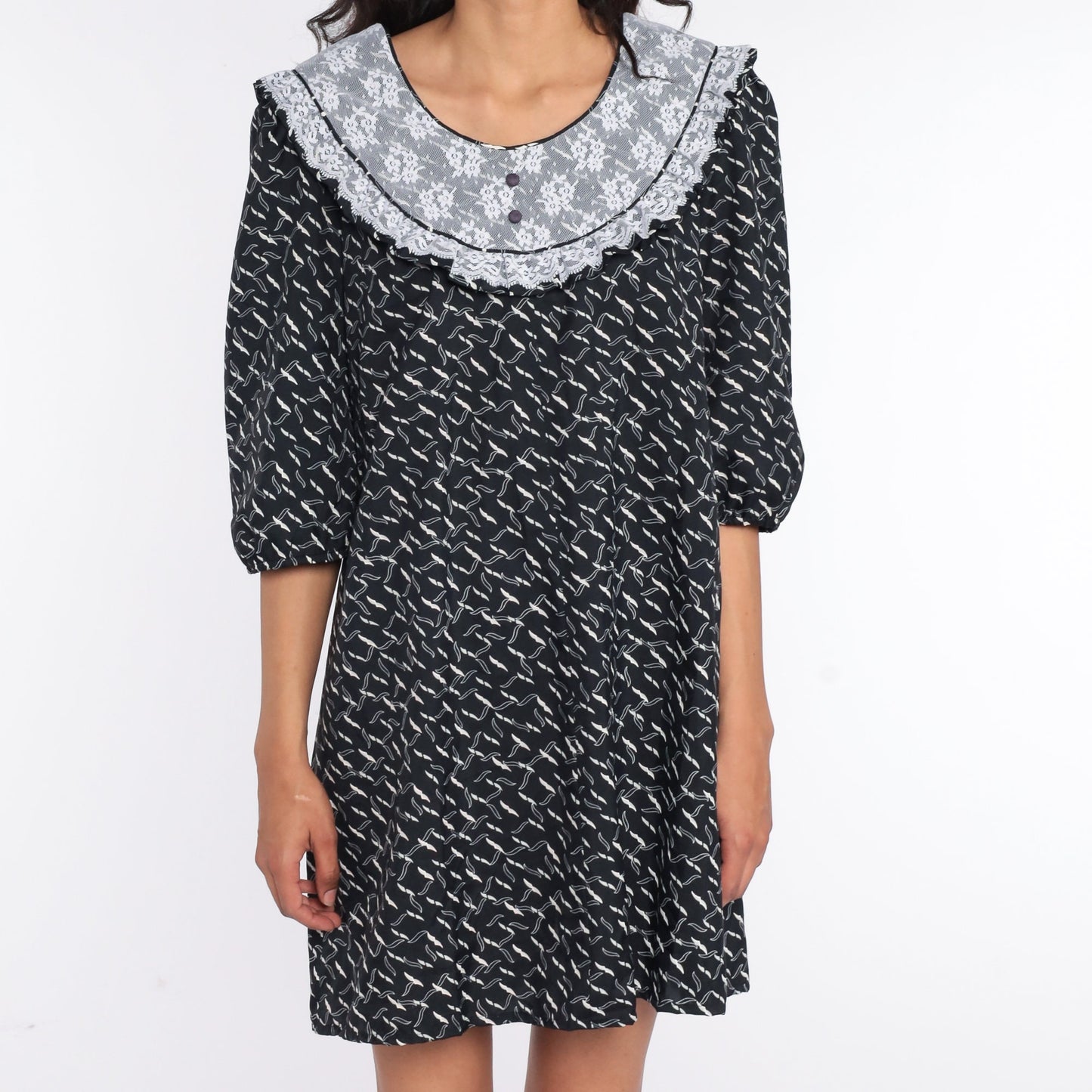 80s Black Geometric Lace Bib Mini Dress Tent Cut Small S