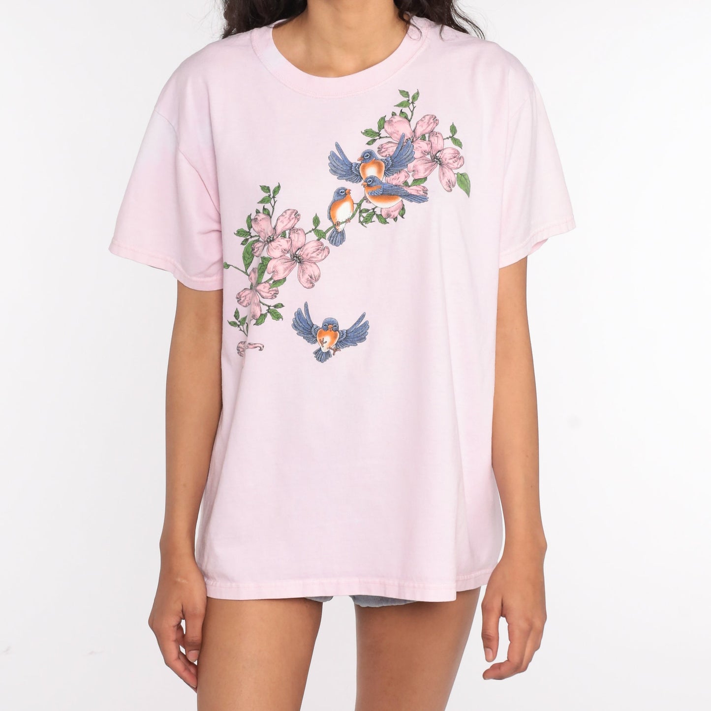 90s Bird Floral Graphic T-Shirt Pink Screen Print Vintage Large L