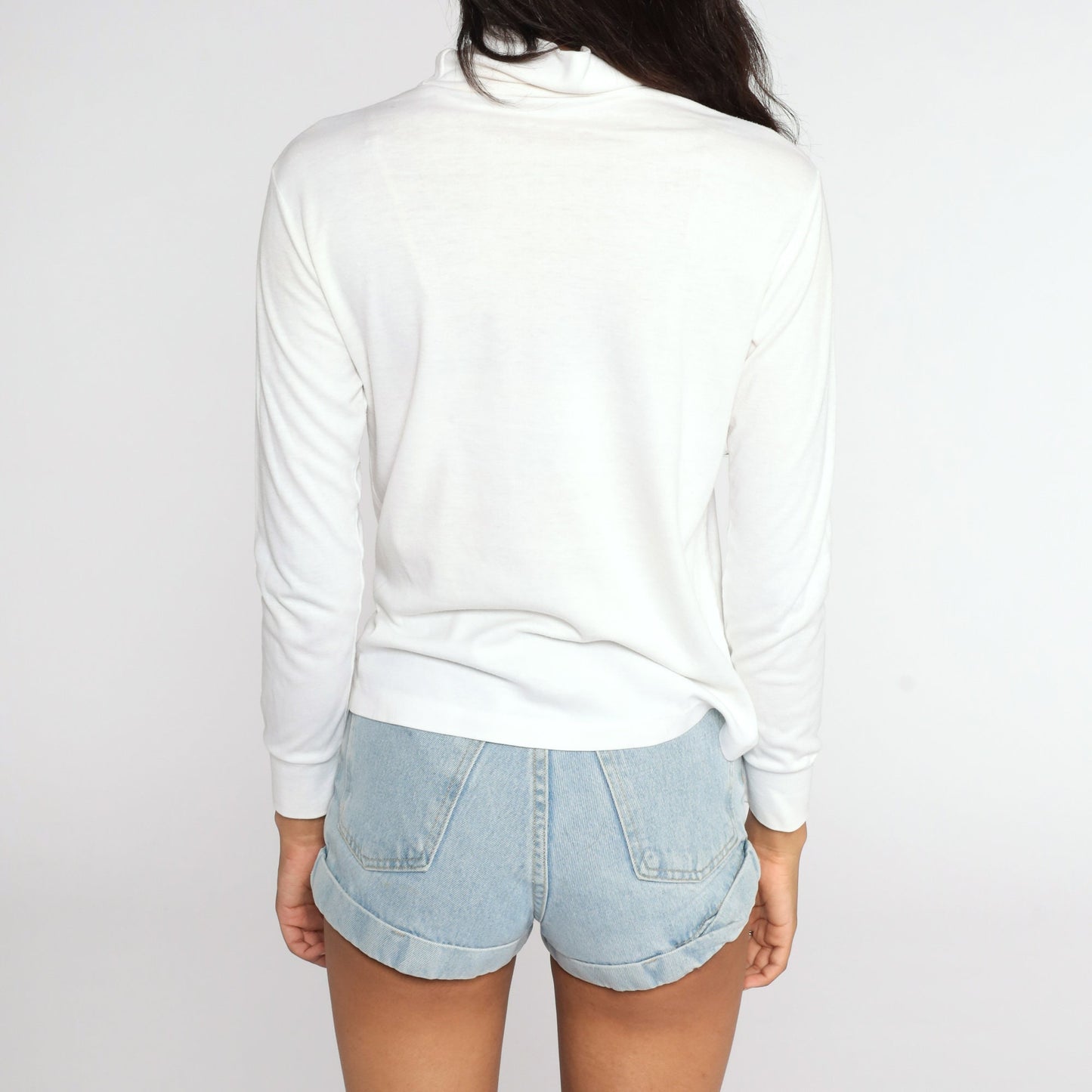 80s White Turtleneck Long Sleeve Shirt Cotton Blend Medium