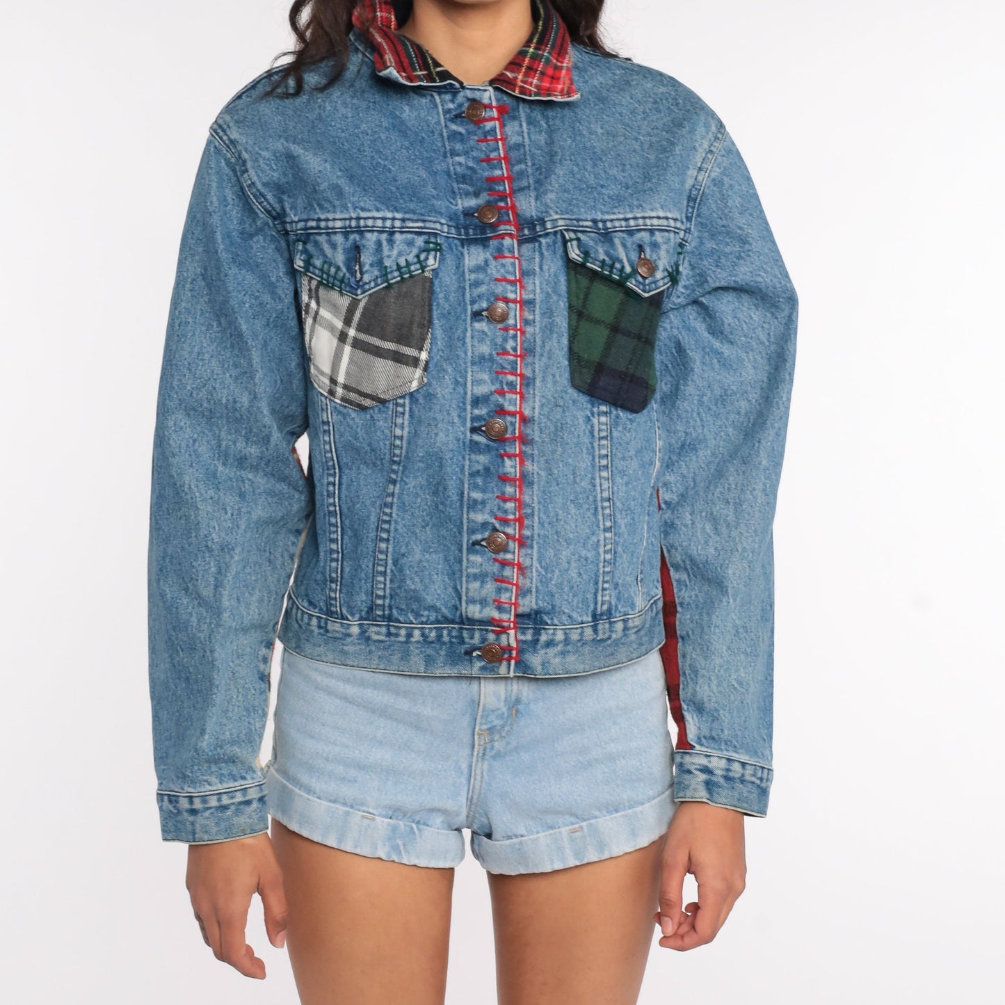 80s Jordache Denim Jacket Patchwork Plaid Blue Jean Coat Medium