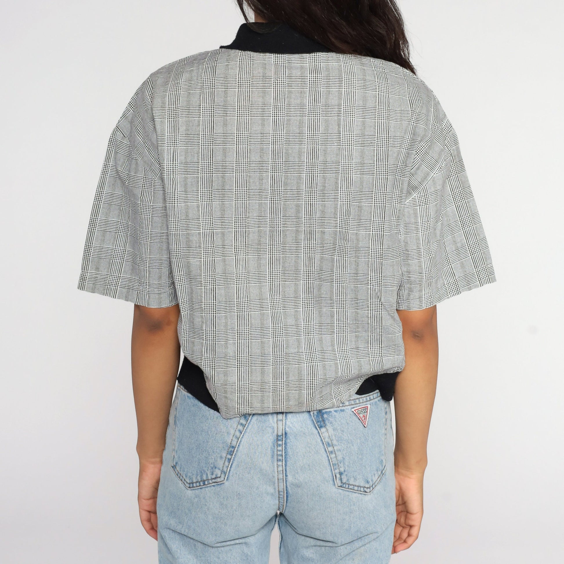 90s Black White Checkered Button-Up Shirt Cotton Short Sleeve Small