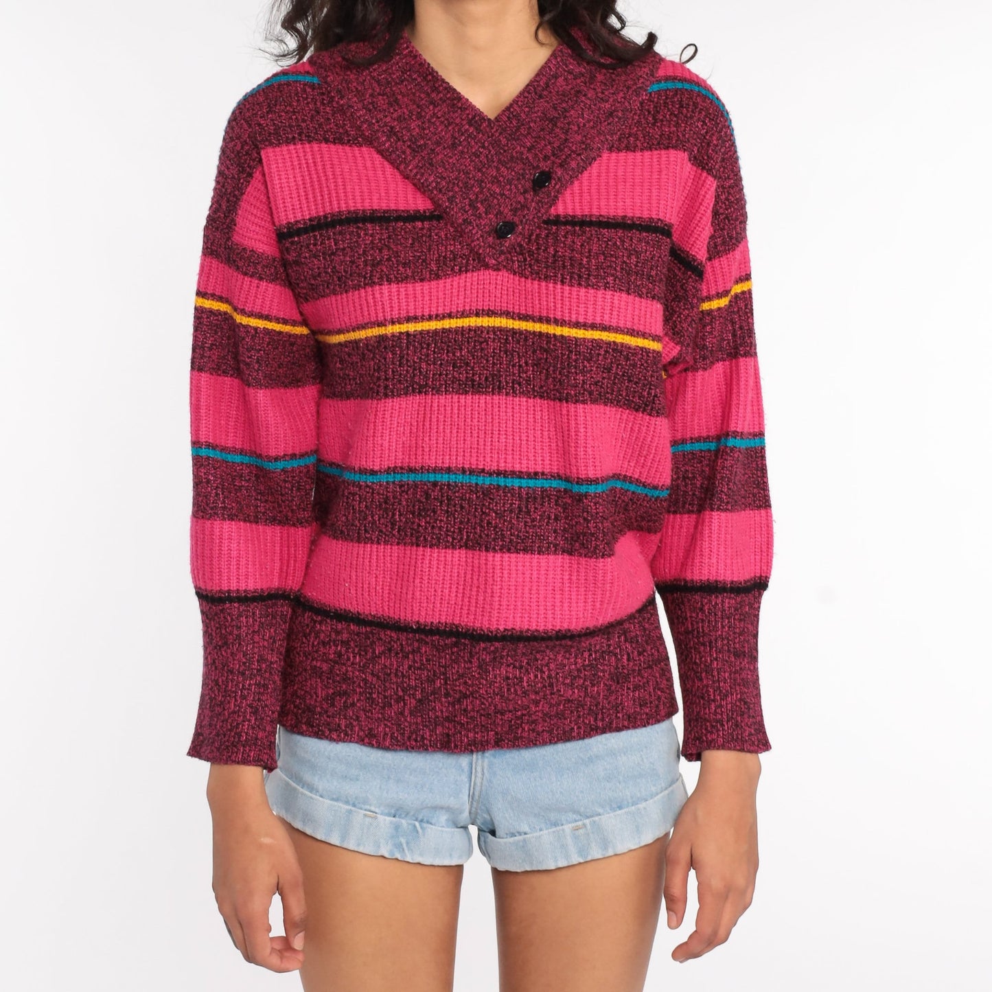 80s Gitano Striped V-Neck Sweater Hot Pink Pullover Medium