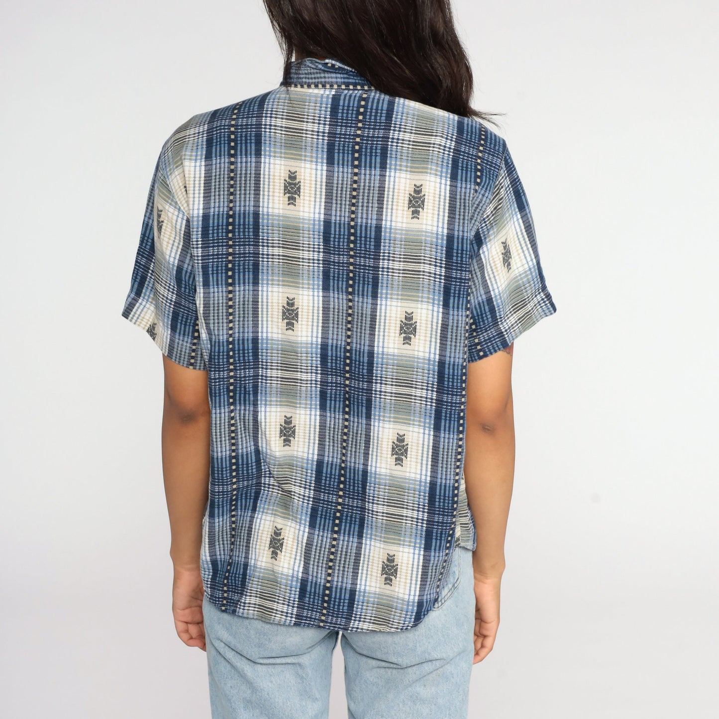 80s Blue Plaid Button-Up Shirt Short Sleeve Medium