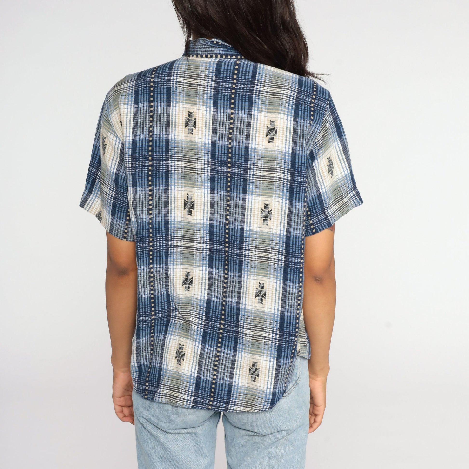 80s Blue Plaid Button-Up Shirt Short Sleeve Medium