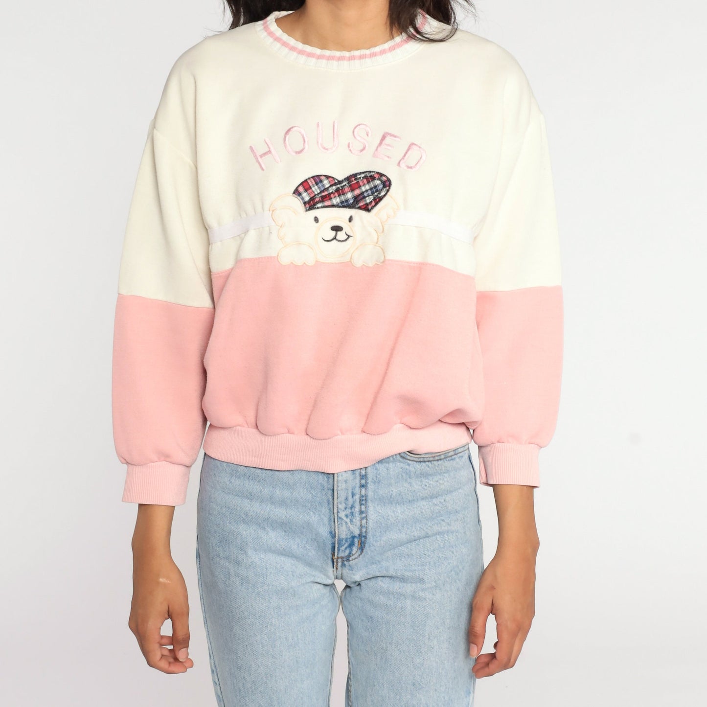 80s Teddy Bear Graphic Sweatshirt Pink Colour Block White Crewneck Small
