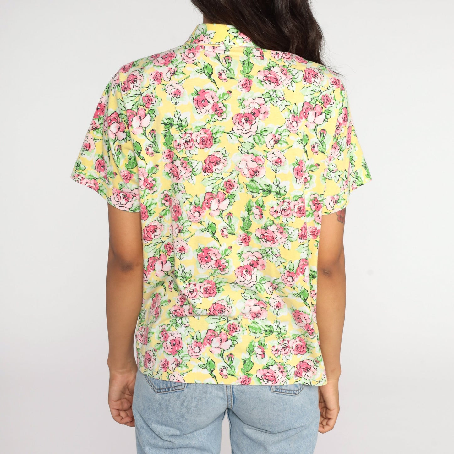 80s Yellow Floral Button-Up Blouse Short Sleeve Pink Rose Print Medium