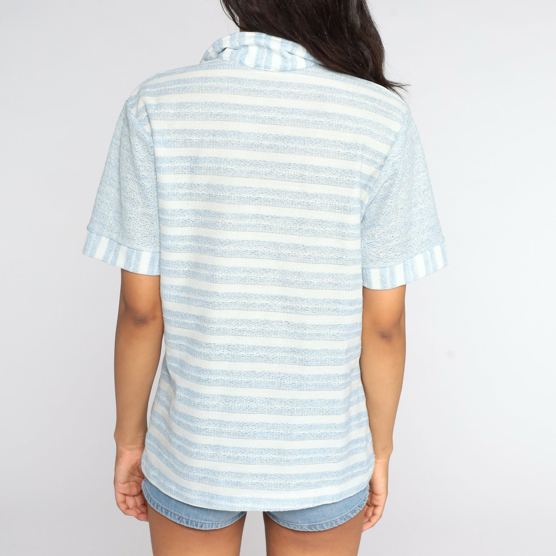 70s Striped Polo Shirt White Baby Blue Half-Button Collared Medium