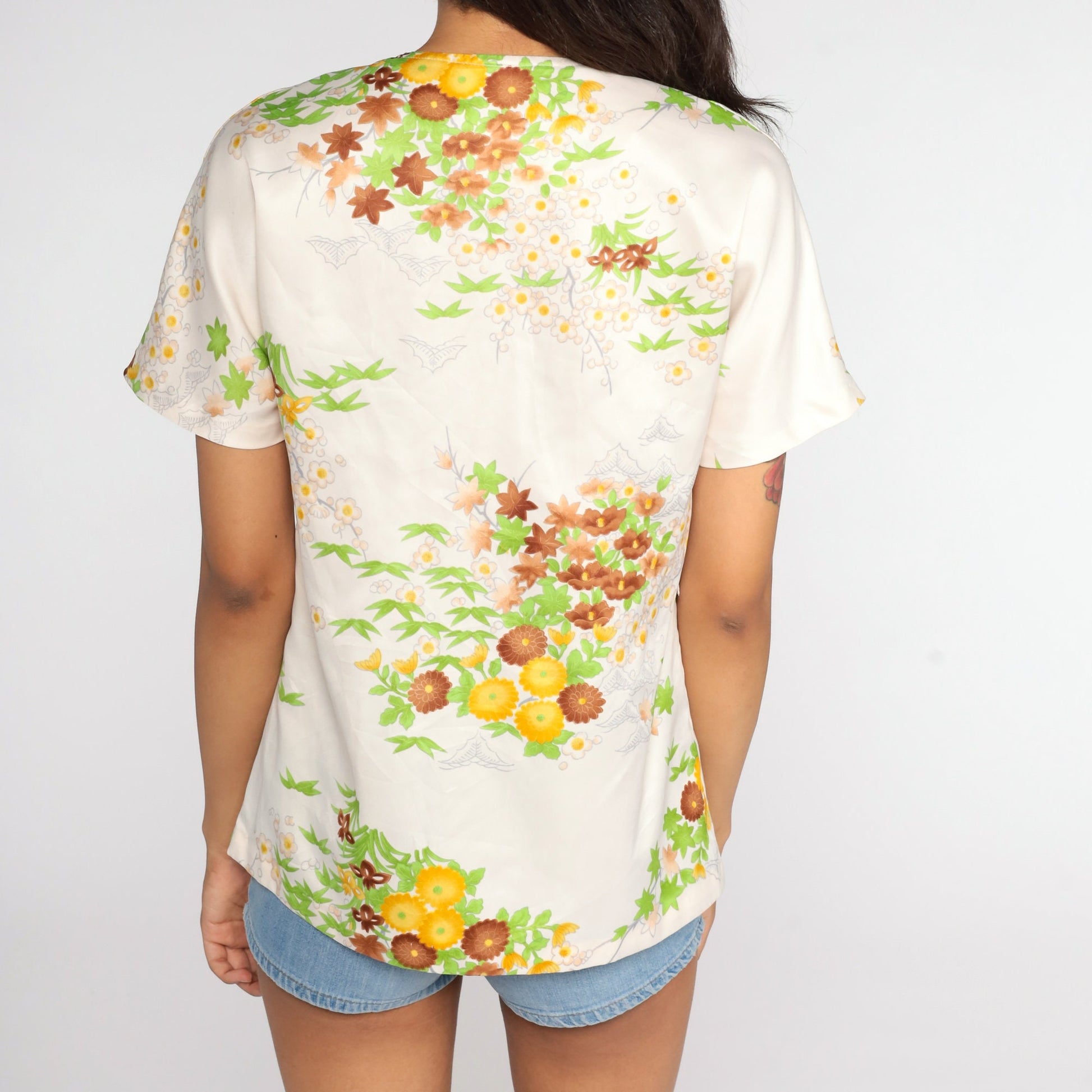 70s Floral Blouse Keyhole Neckline Yellow Off-White Shirt Small