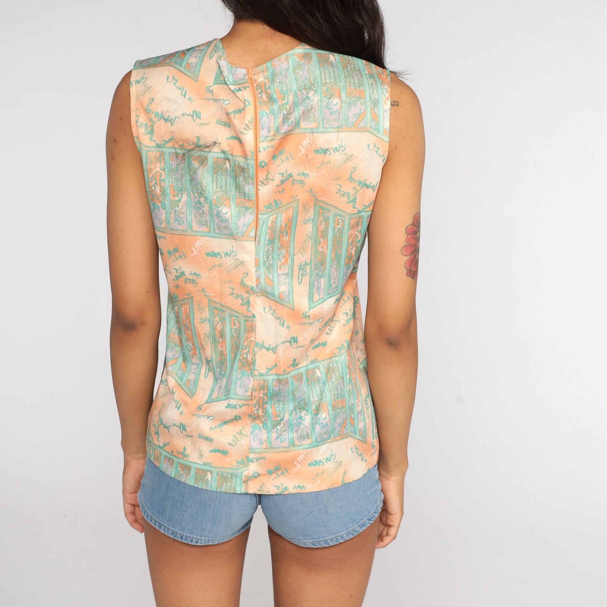 70s Psychedelic Window Print Tank Top Orange Sleeveless Blouse Small