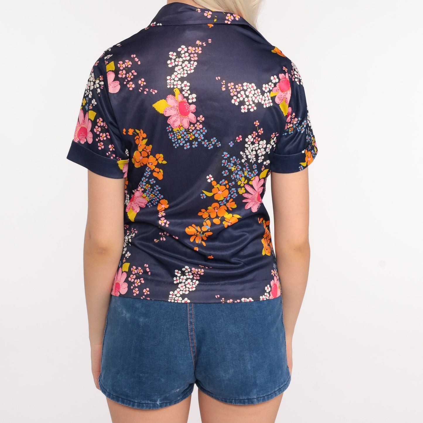 70s Blue Floral Button-Up Blouse Dagger Collar Short Sleeve Small S