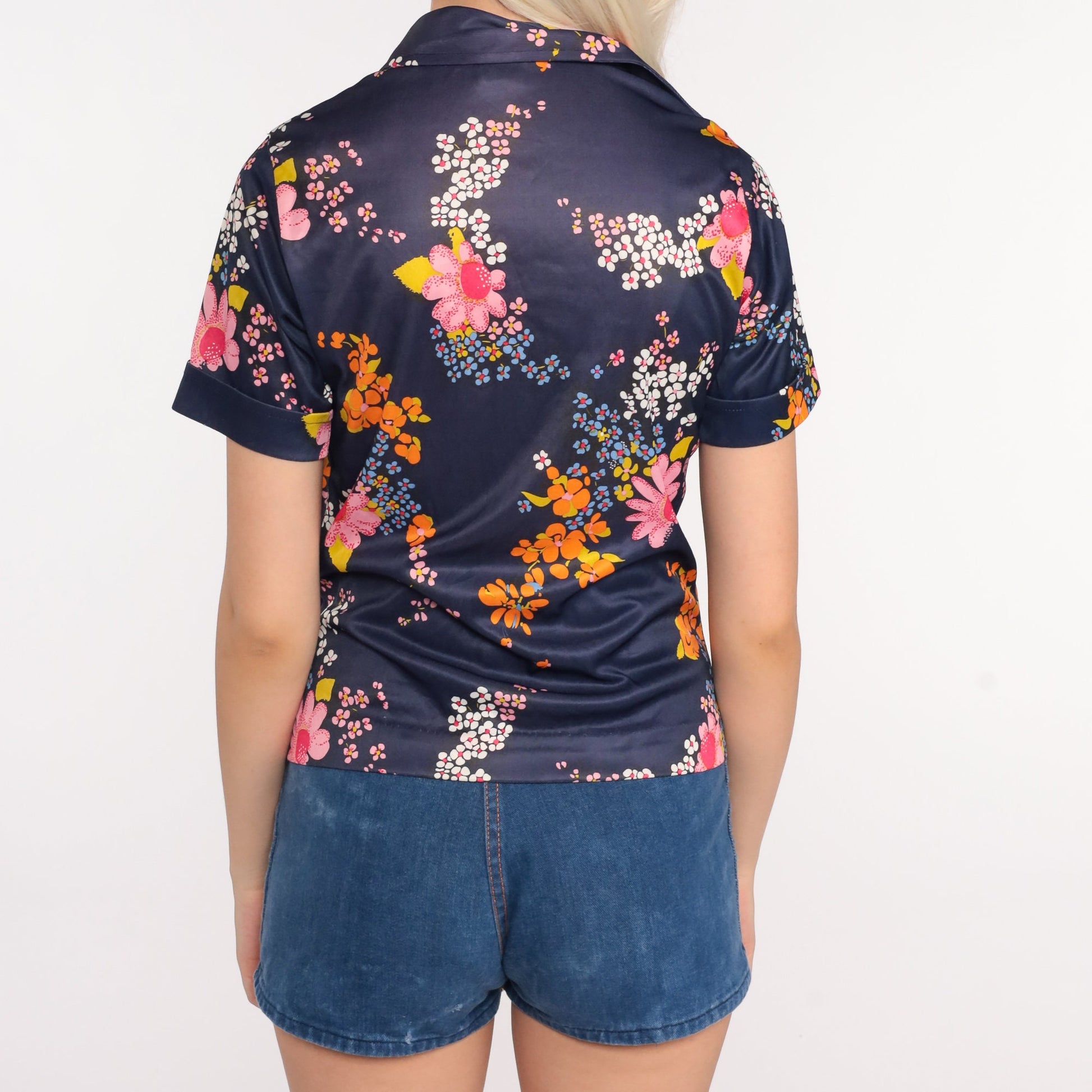 70s Blue Floral Button-Up Blouse Dagger Collar Short Sleeve Small S