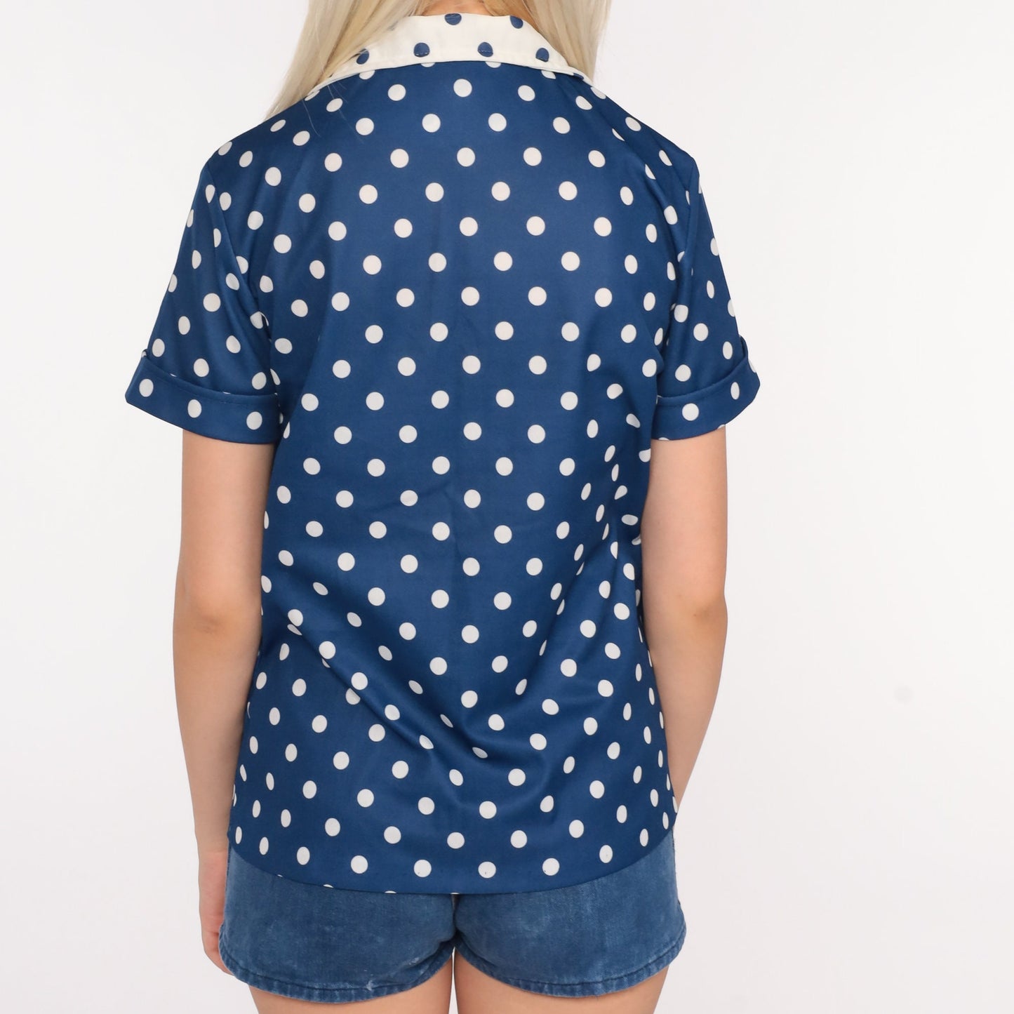 70s Blue Polka Dot Button-Up Blouse Dagger Collar Short Sleeve Small Medium