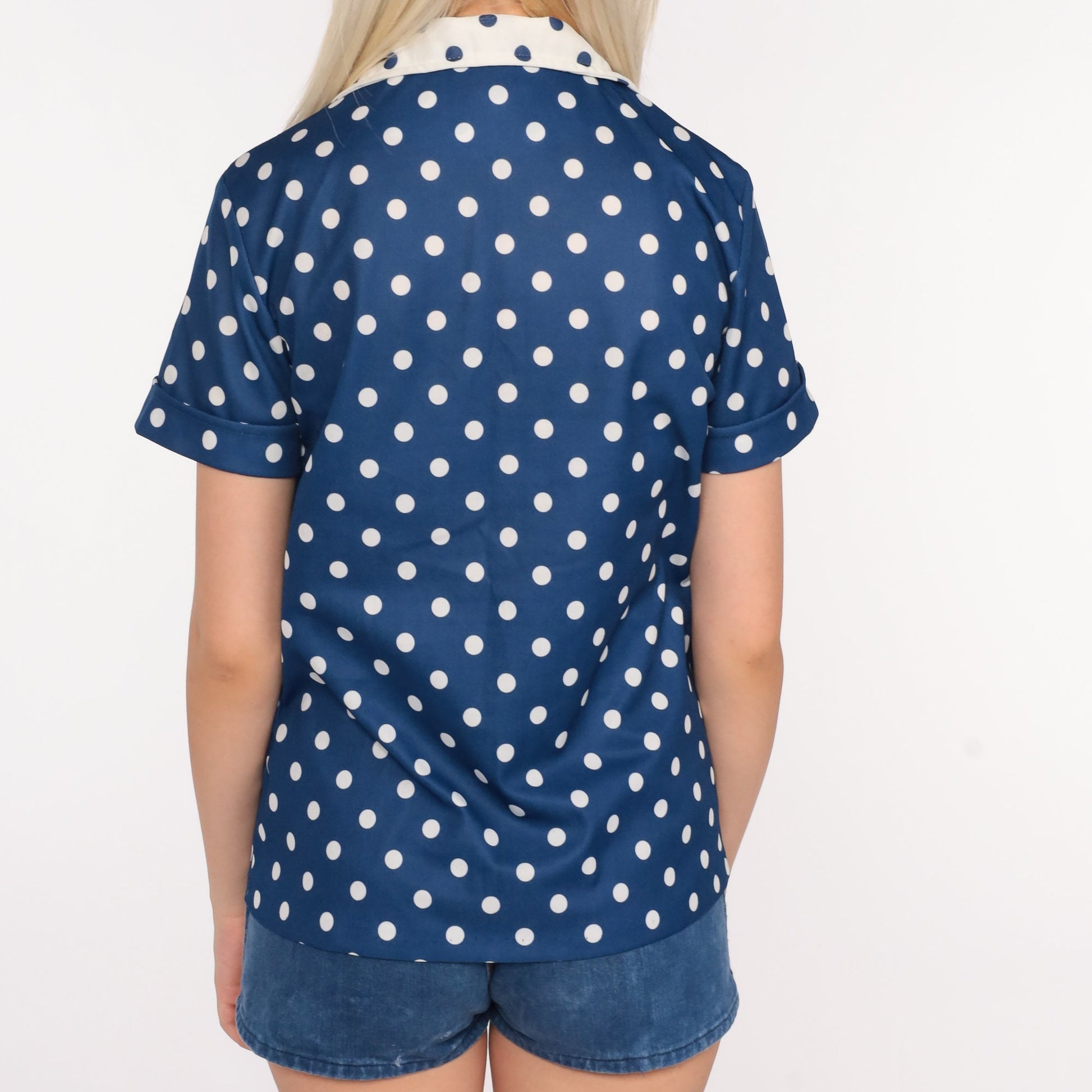 70s Blue Polka Dot Button-Up Blouse Dagger Collar Short Sleeve Small Medium