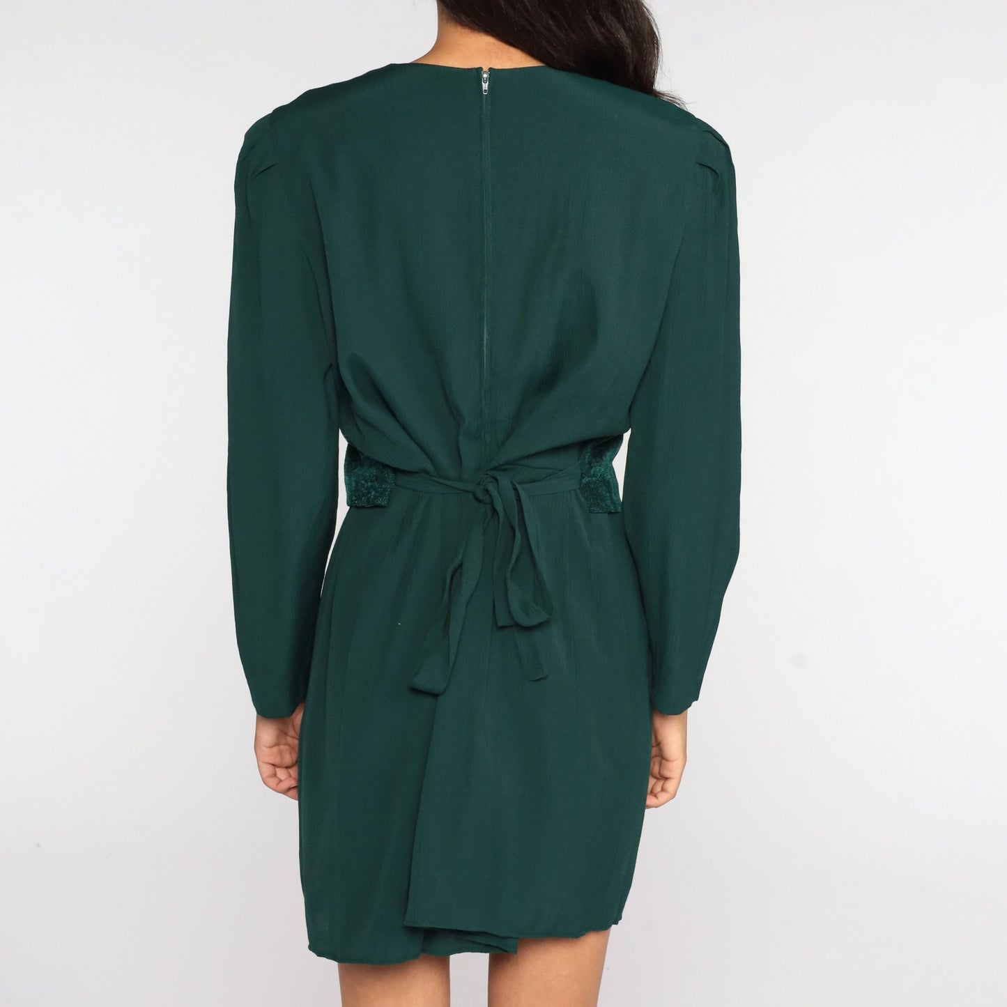 80s Green Mini Dress Button-Up Puff Sleeve Floral Embossed Large L