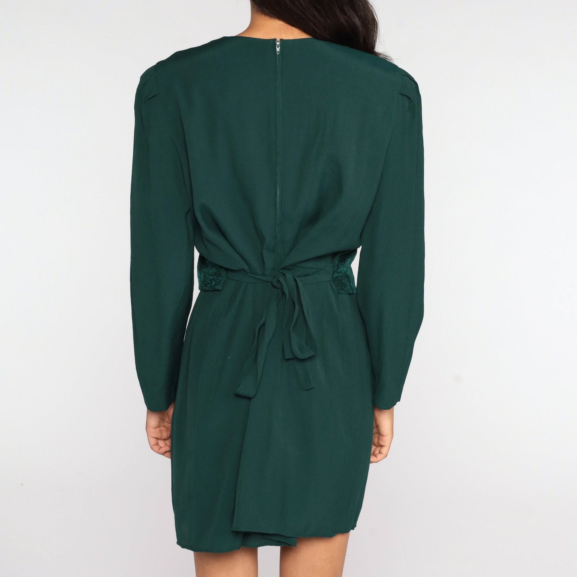 80s Green Mini Dress Button-Up Puff Sleeve Floral Embossed Large L