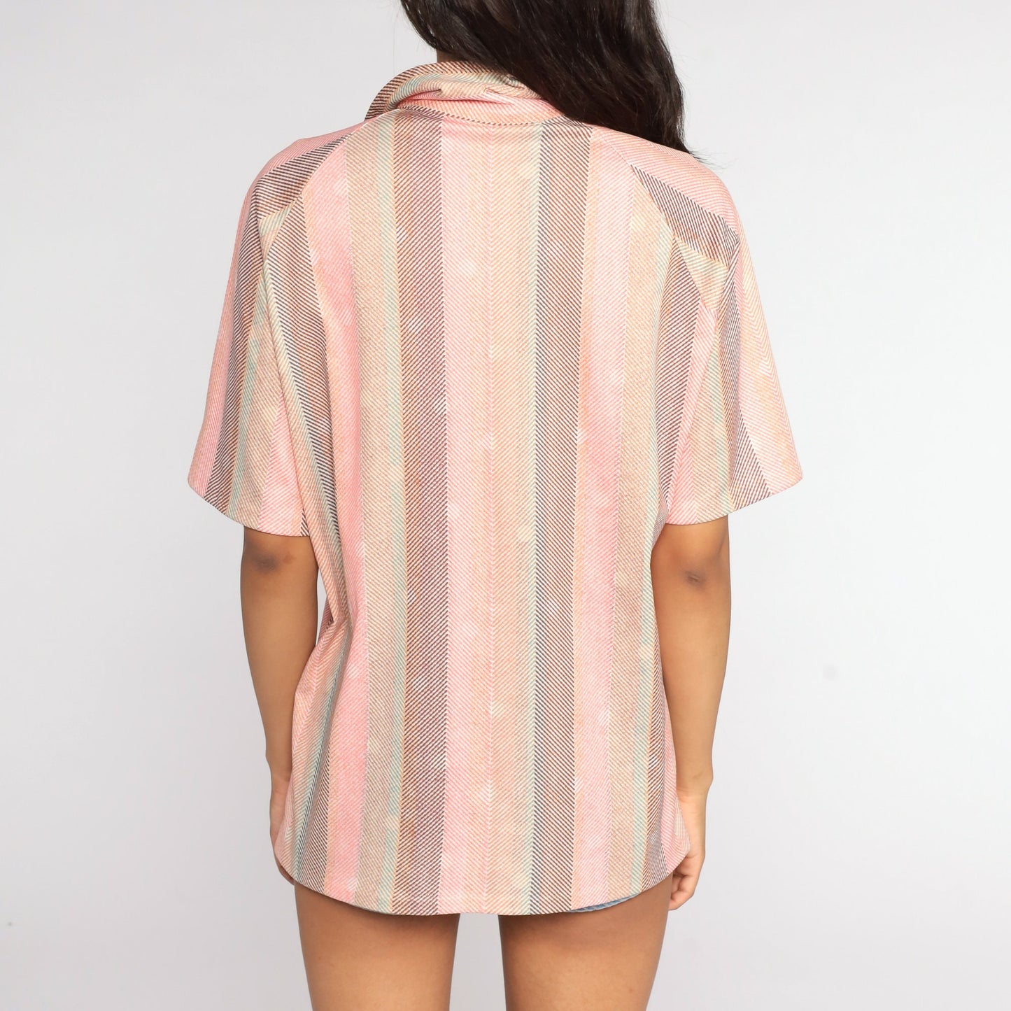 70s Pink Striped Polo Shirt Half Button Dagger Collar Large