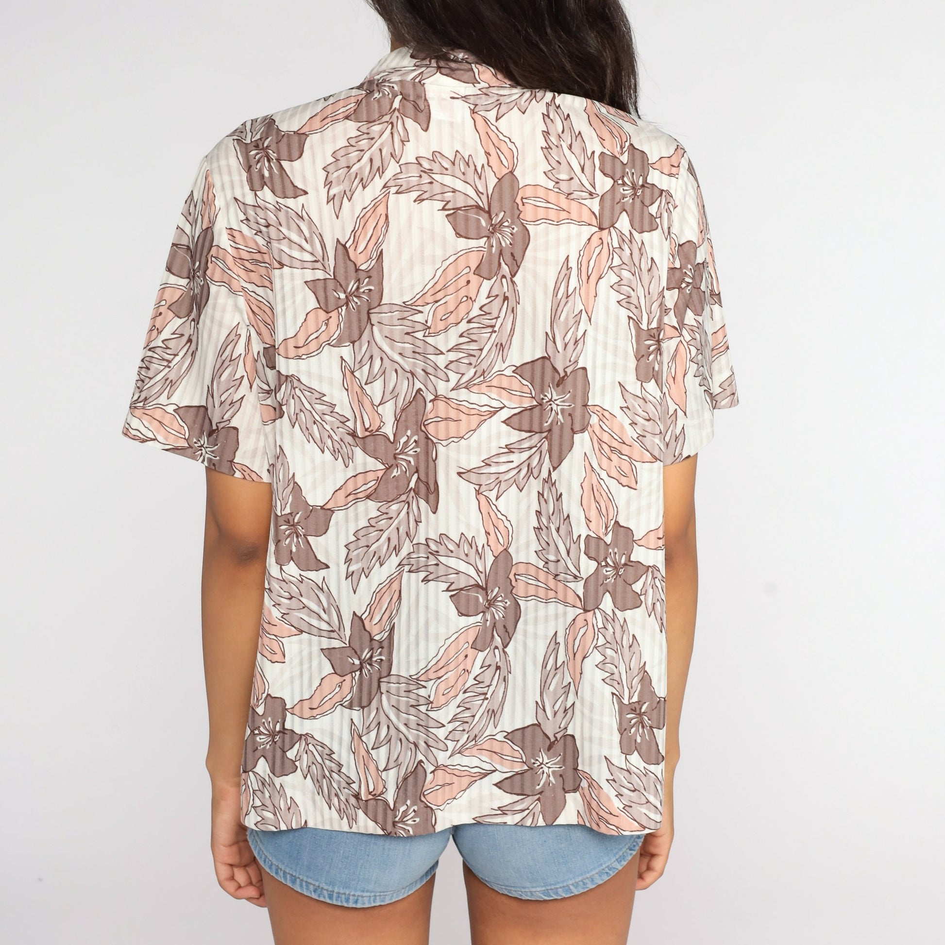 80s Floral Ascot Blouse Short Sleeve Button Up Cream Taupe Large