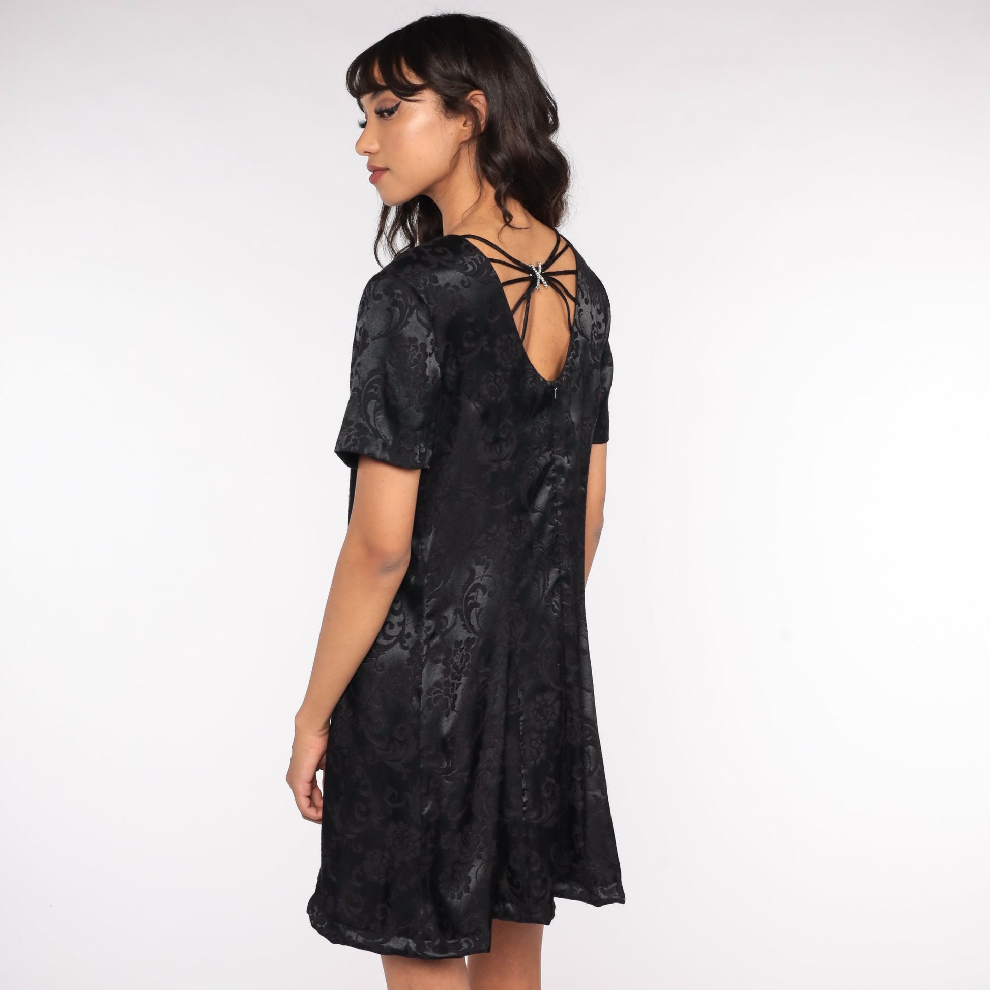 90s Black Satin Shift Mini Dress Floral Cage Back Rhinestone Medium