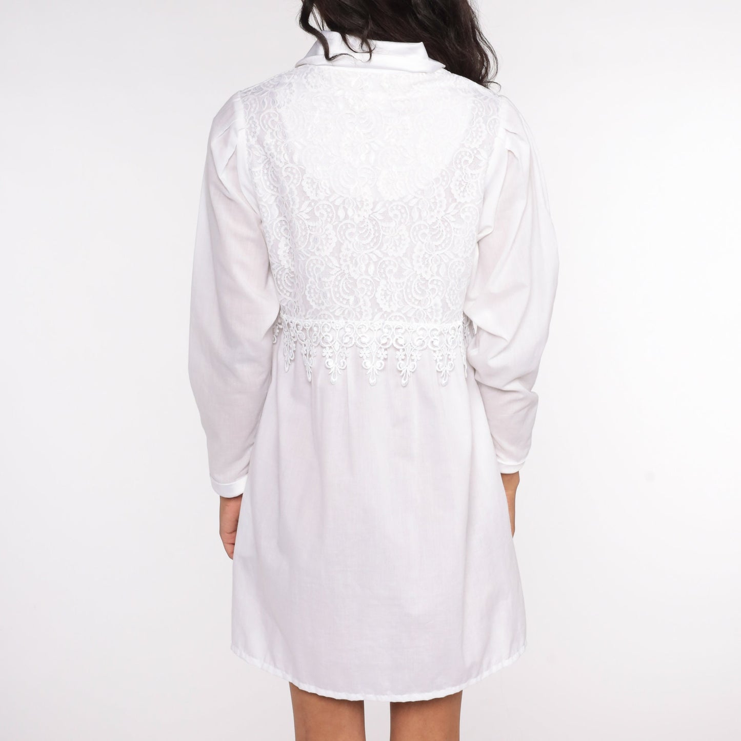 80s White Lace Mini Dress Puff Sleeve Front Zip Covenant Apparel Extra Small