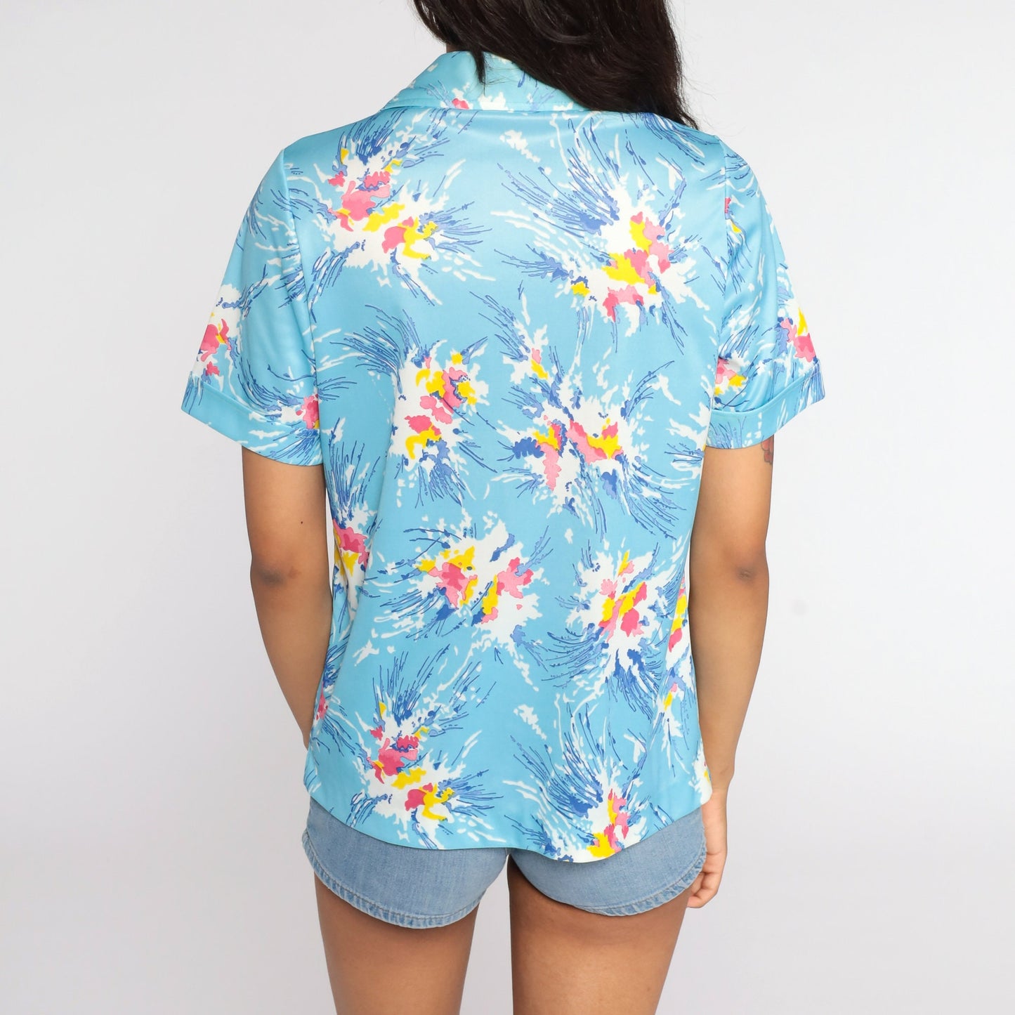 70s Abstract Floral Print Button-Up Blouse Pink Blue Short Sleeve Medium