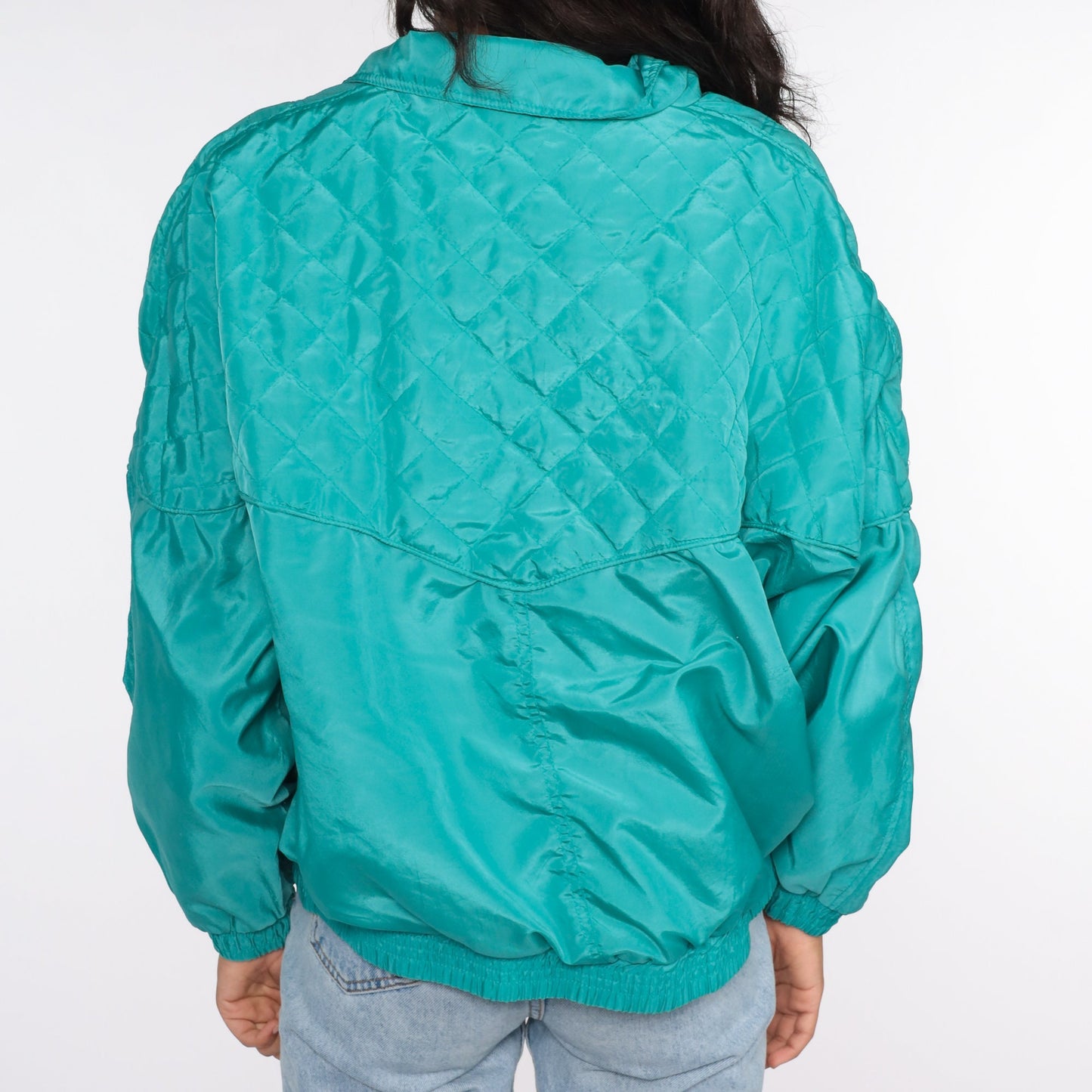 80s Turquoise Quilted Windbreaker Jacket Zip Up Large