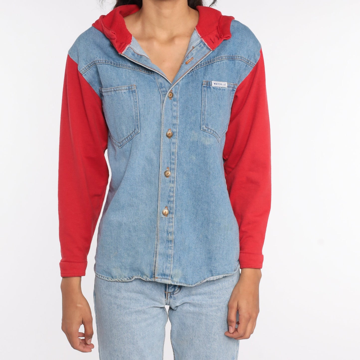 90s Blue Denim Hooded Button-Up Shirt Red Hood Cotton Small