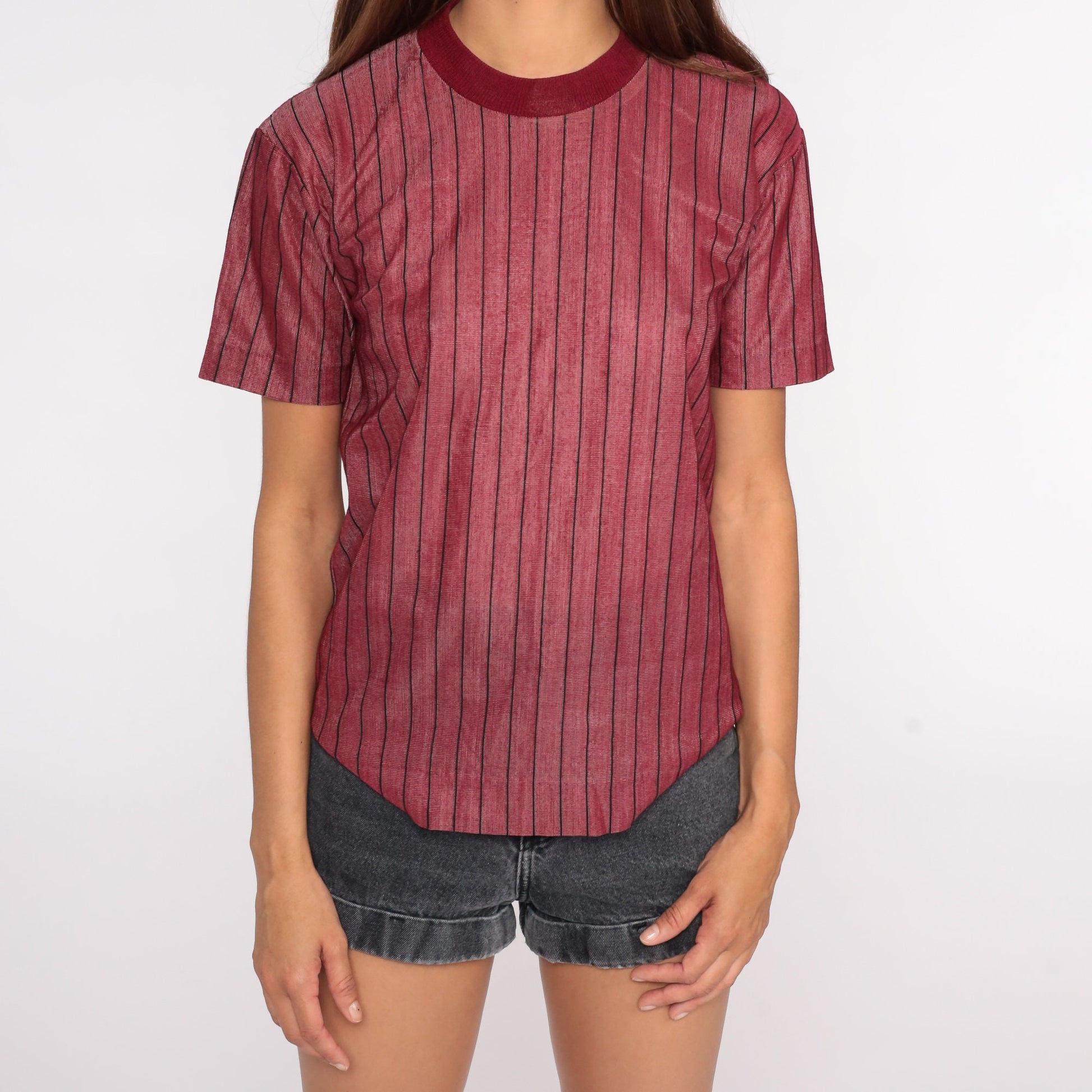 80s Striped Ringer T-Shirt Burgundy Minimalist Tee Small