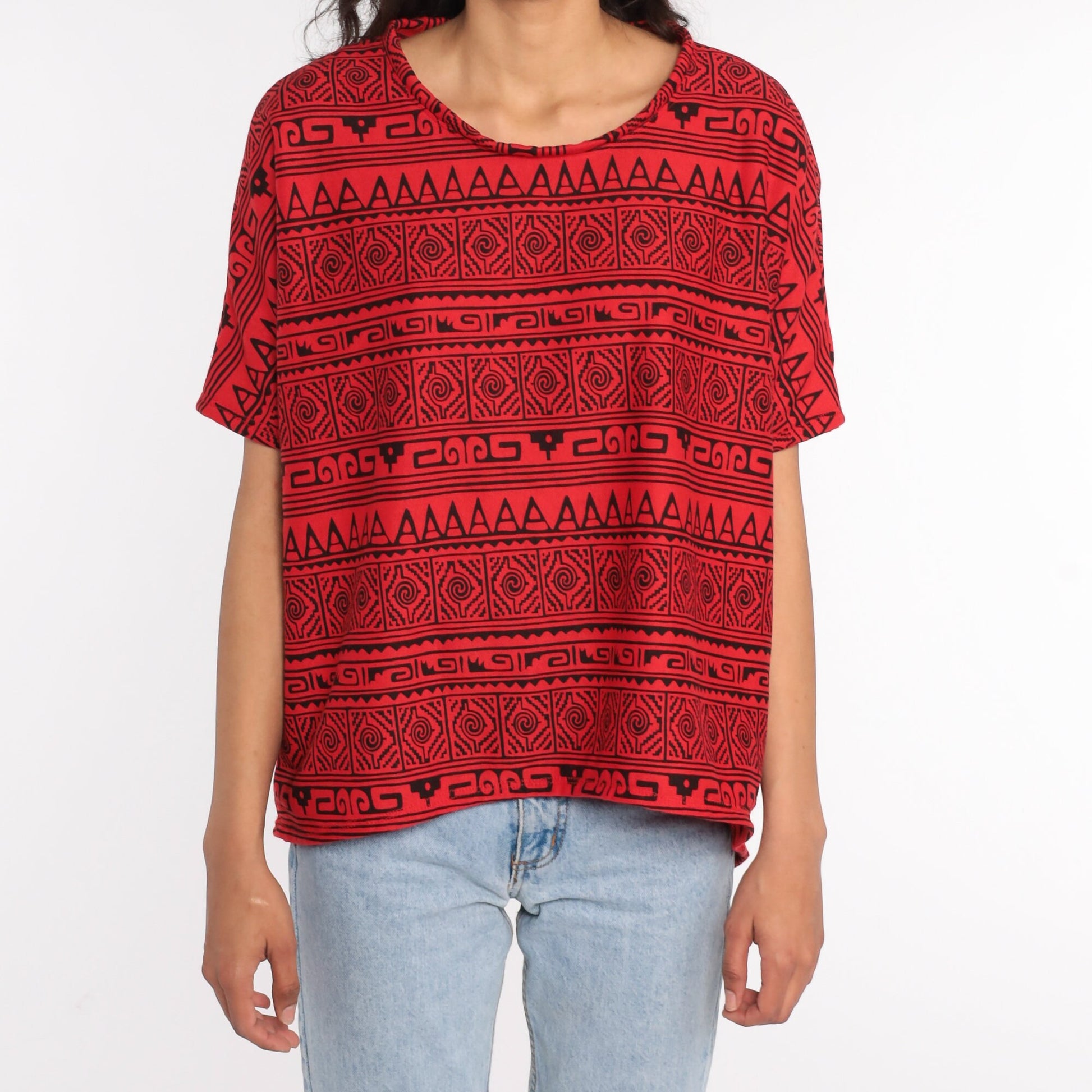 90s Geometric Diamond Print T-Shirt Red Graphic Tee Large