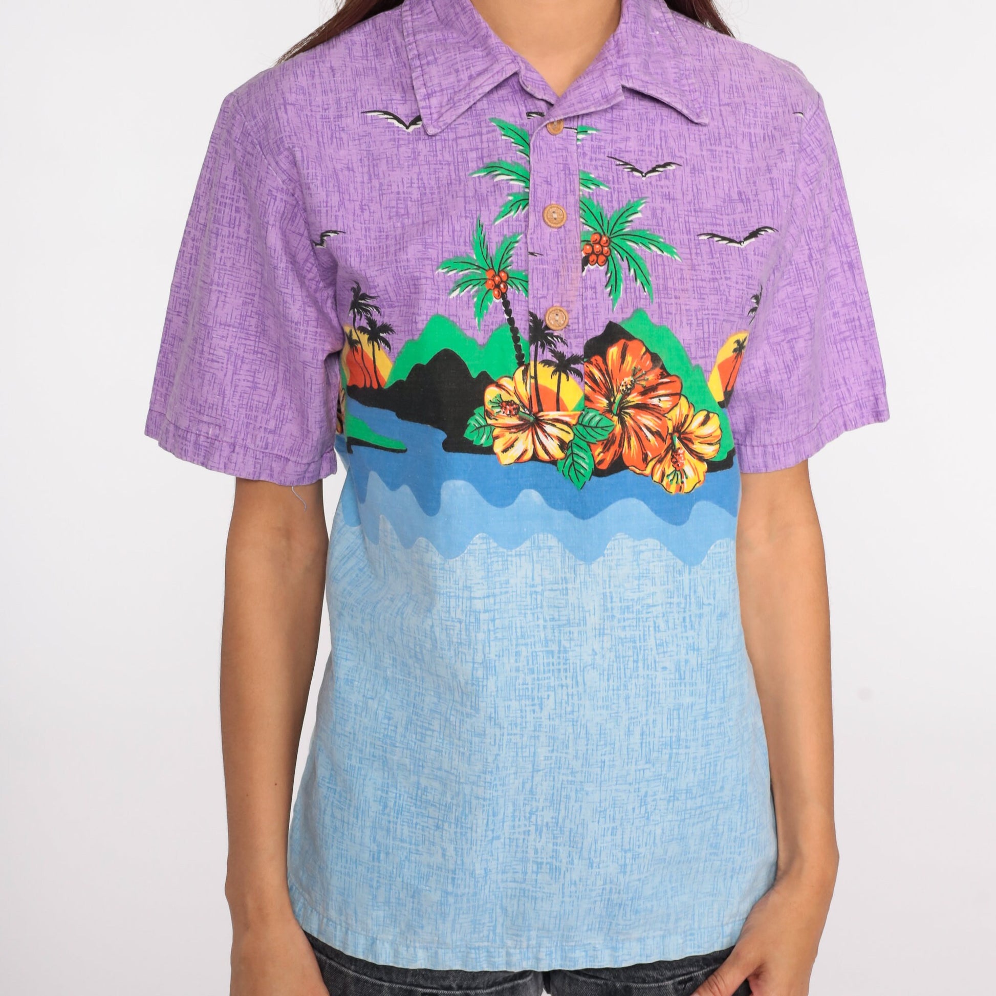 70s Tropical Palm Tree Flower Print Button-Up Shirt Blue Purple Cotton Medium