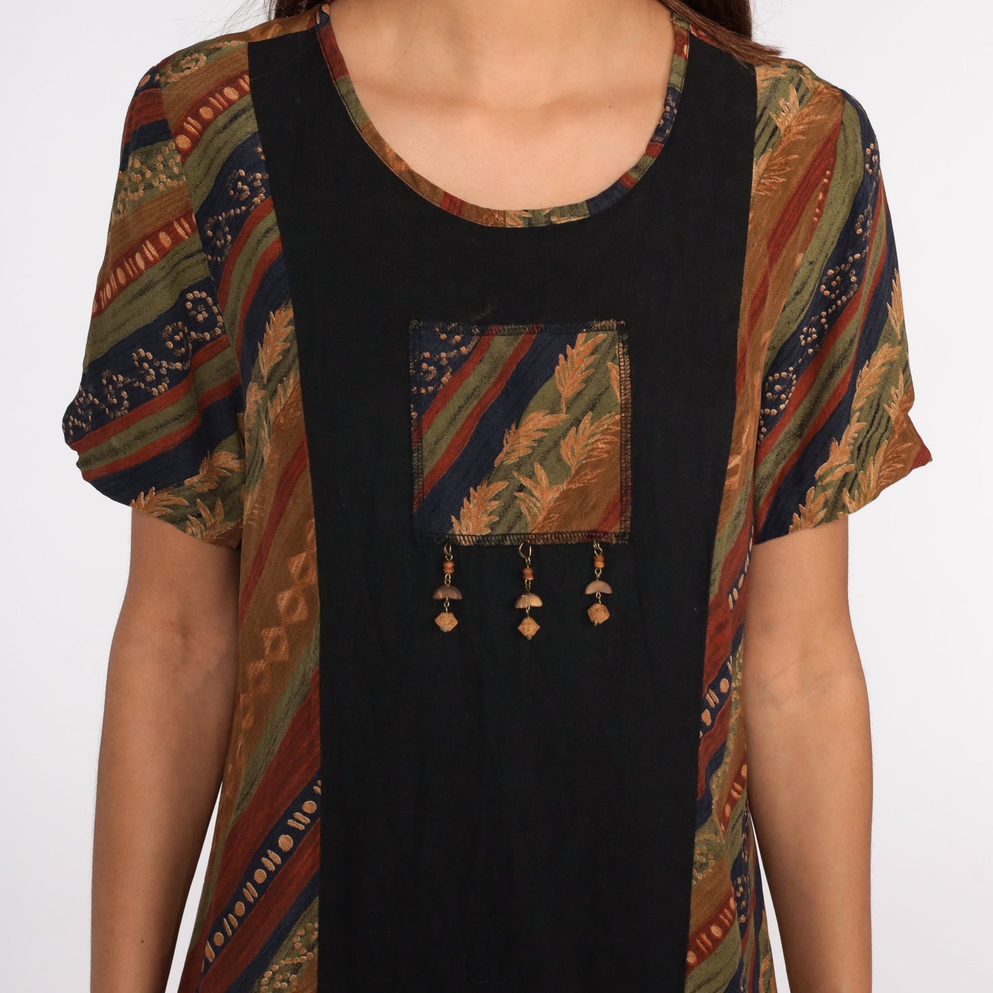 90s Striped Mini Dress Beaded Chest Black Shift Small S