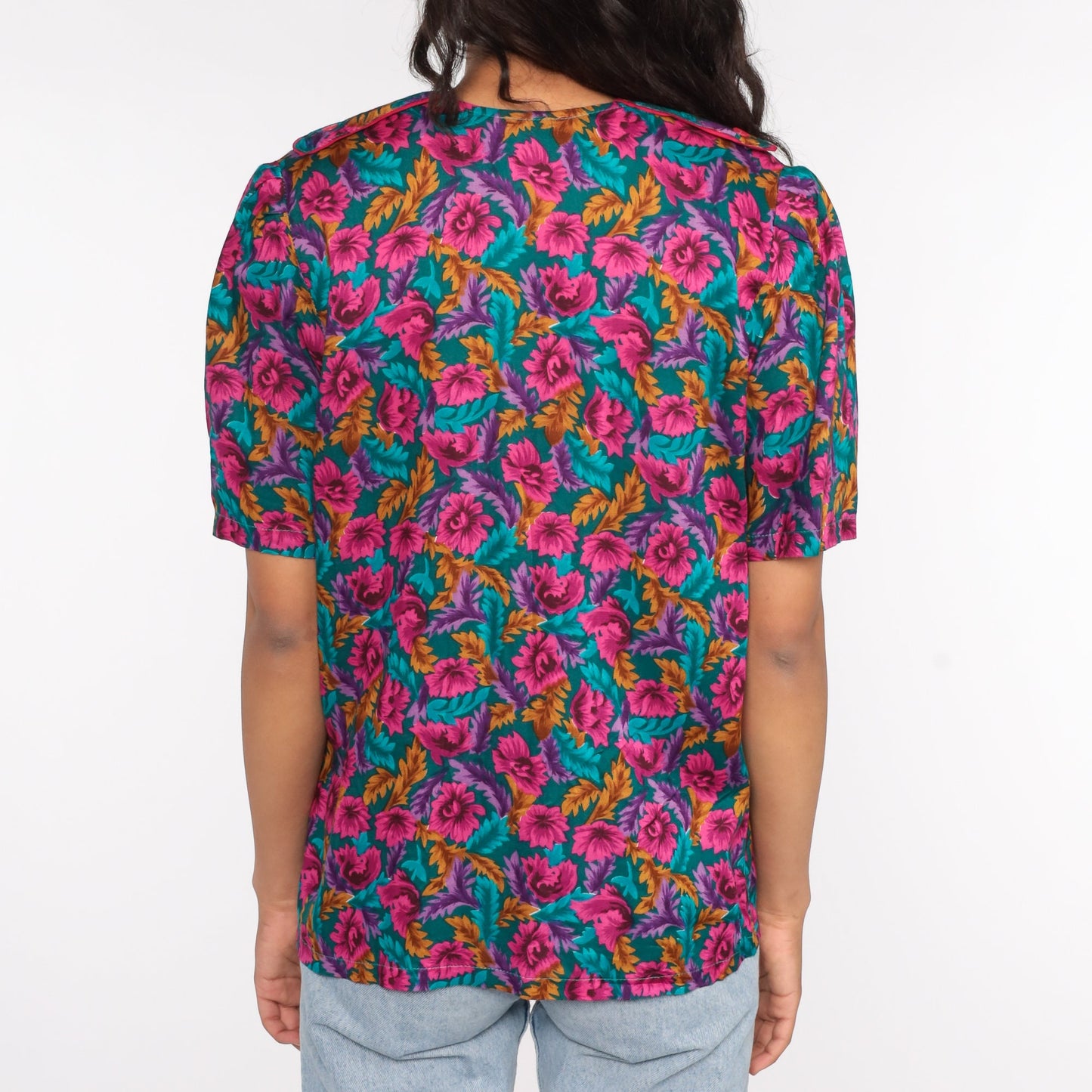 80s Floral Puff Sleeve Button-Up Blouse Turquoise Pink Medium