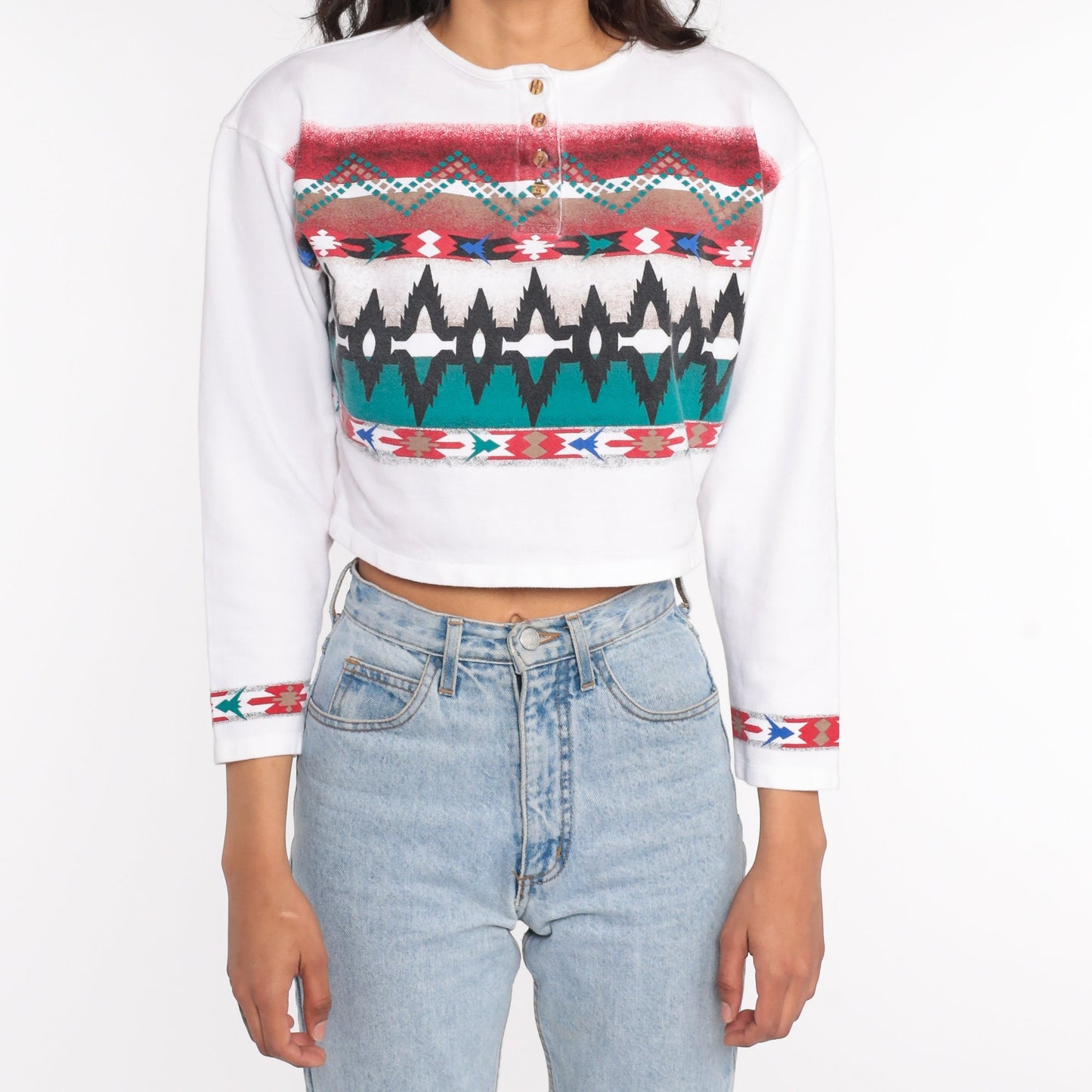 80s Southwestern Geometric Crop Top Striped Long Sleeve Cotton Medium