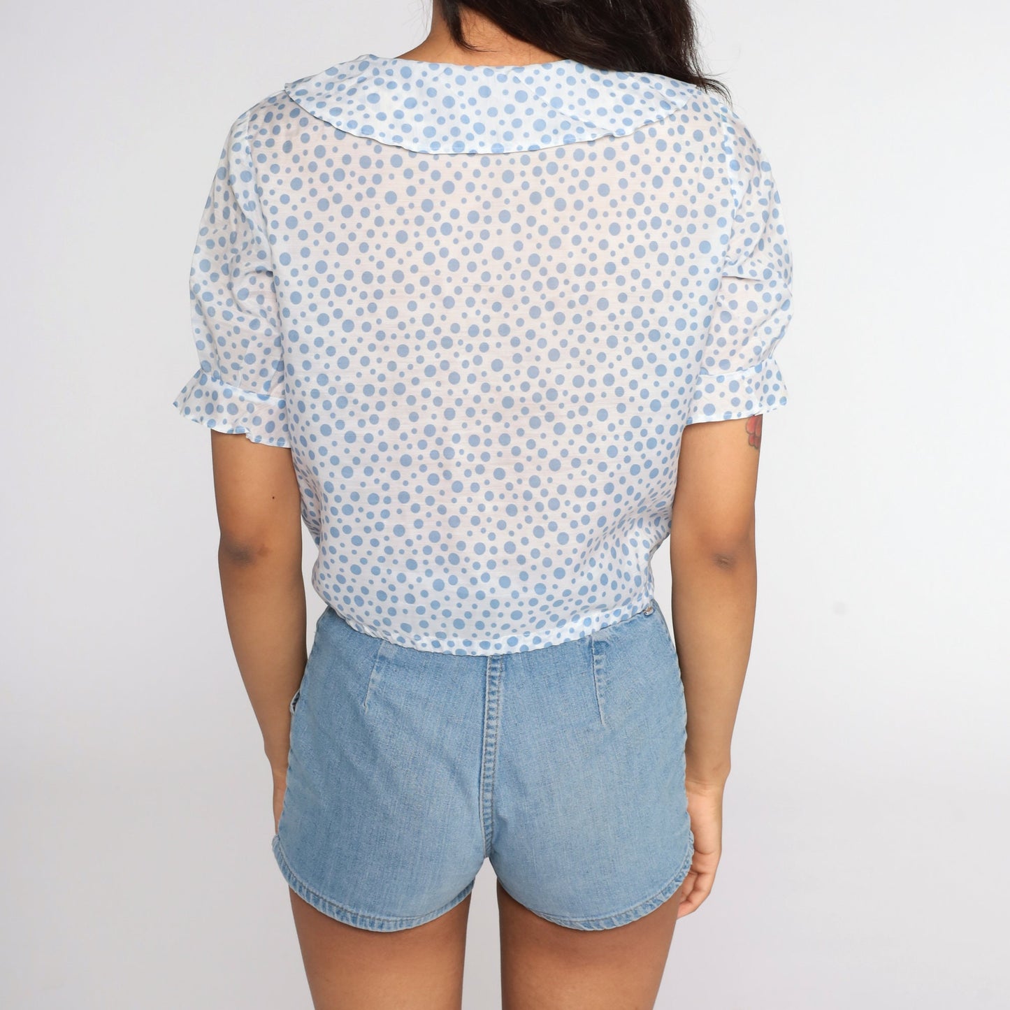 70s Polka Dot Crop Top Sheer White Pearl Button Blouse Small