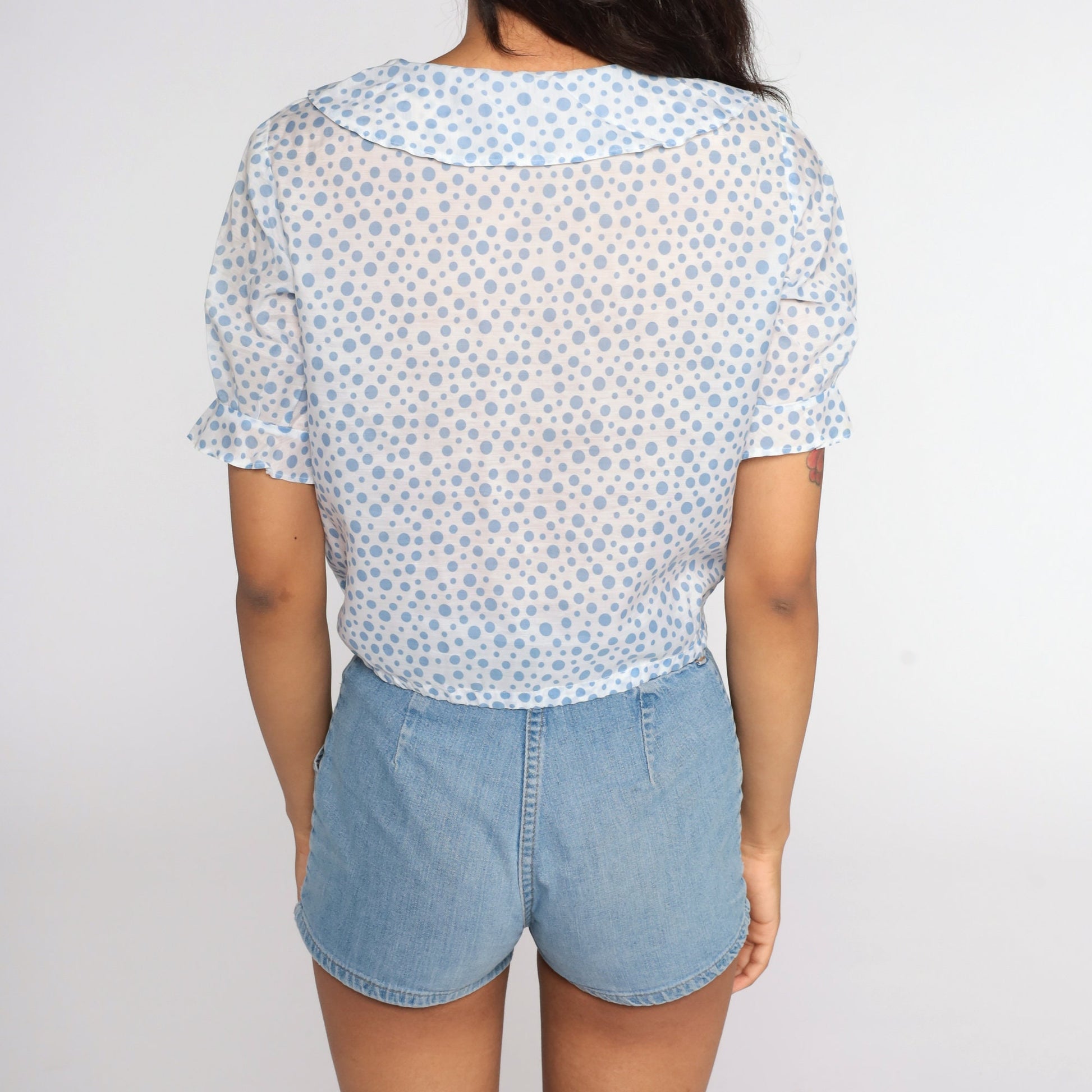70s Polka Dot Crop Top Sheer White Pearl Button Blouse Small