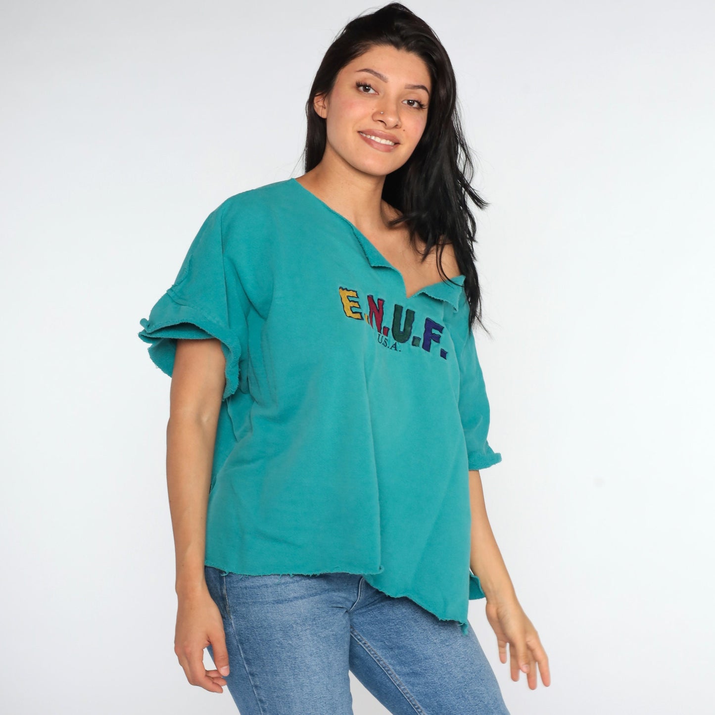 90s Enuf Rainbow Spellout T-Shirt Turquoise Green Cutoff Large
