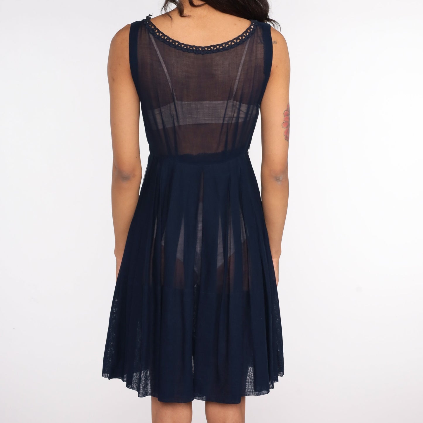 60s Navy Sheer Dress Lace Trim Pleated High Waist Knee Length Extra Small