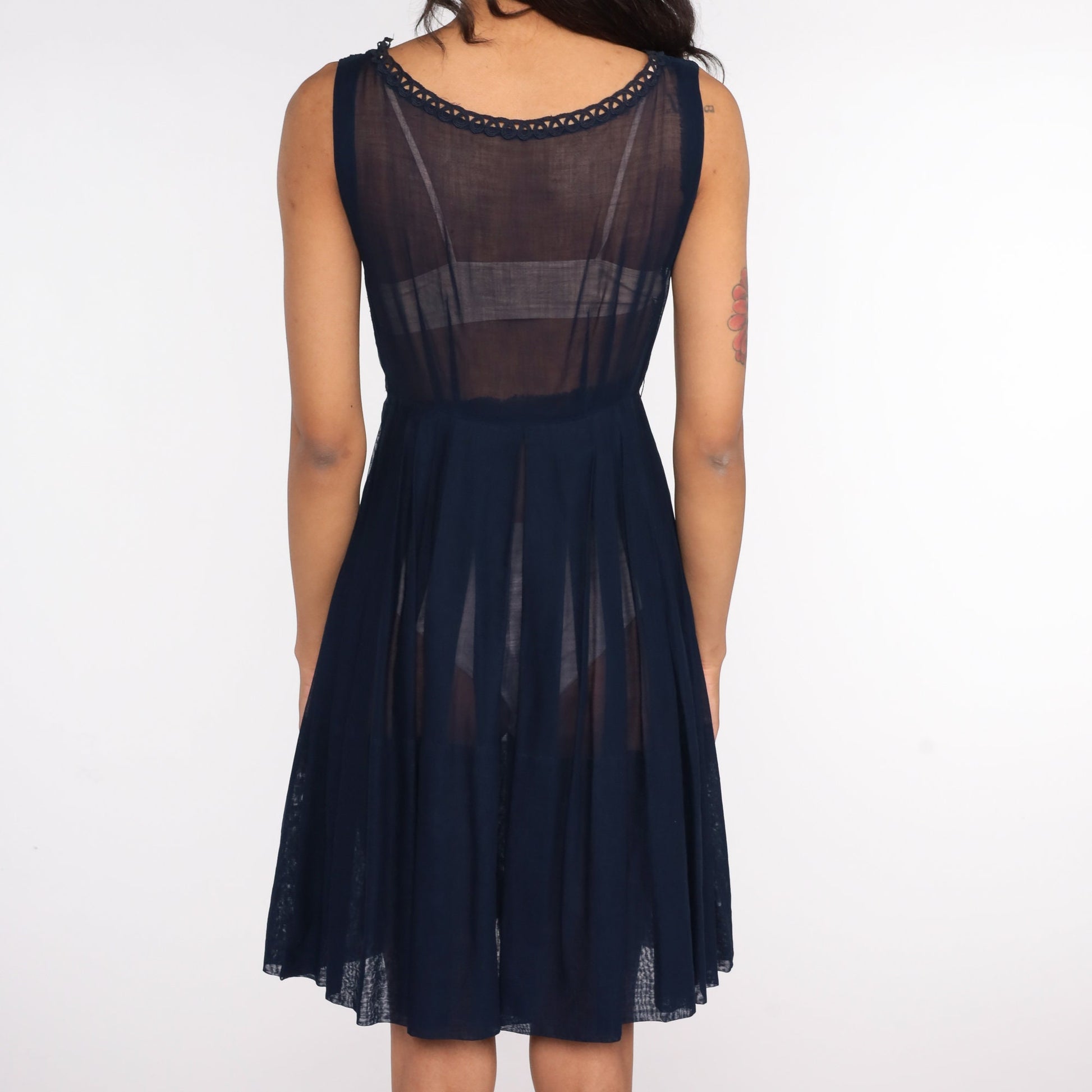 60s Navy Sheer Dress Lace Trim Pleated High Waist Knee Length Extra Small