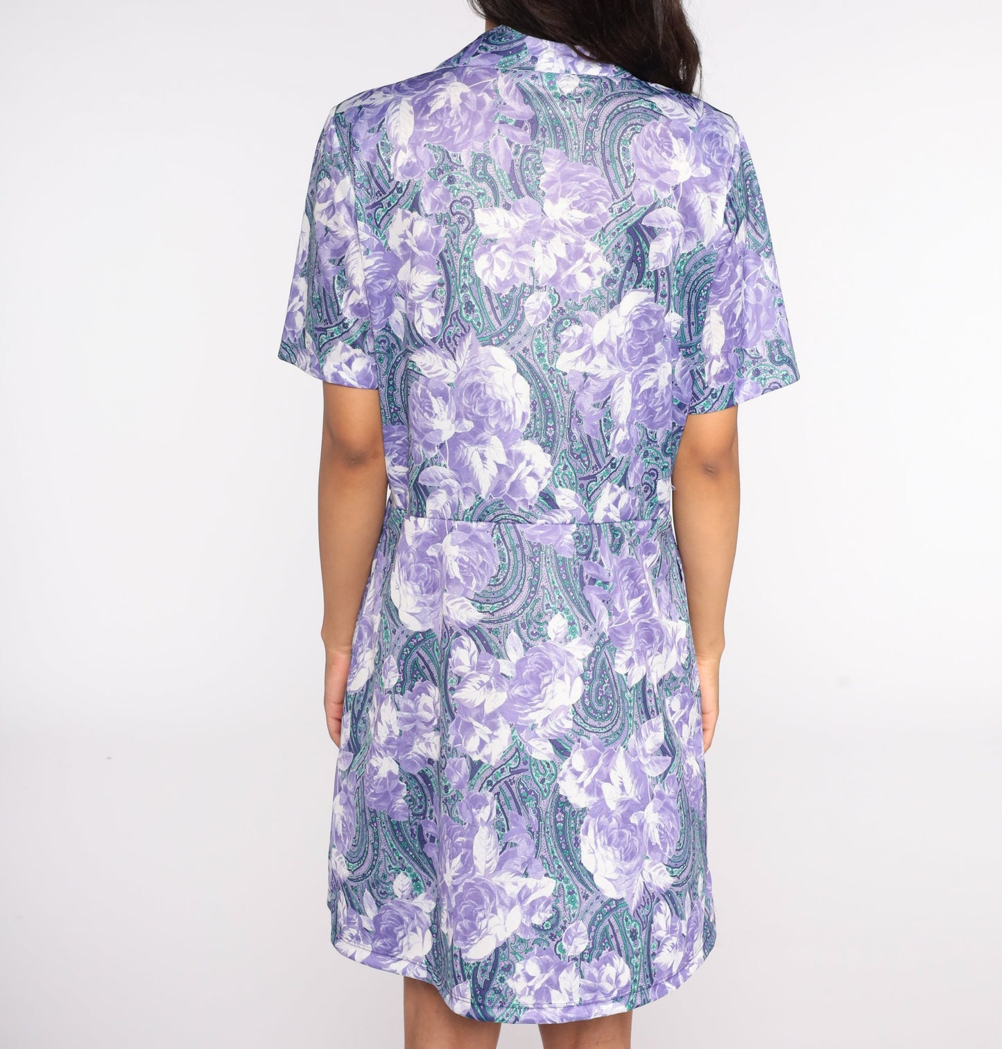 80s Purple Floral Mini Dress High Waisted Button Front Short Sleeve Large
