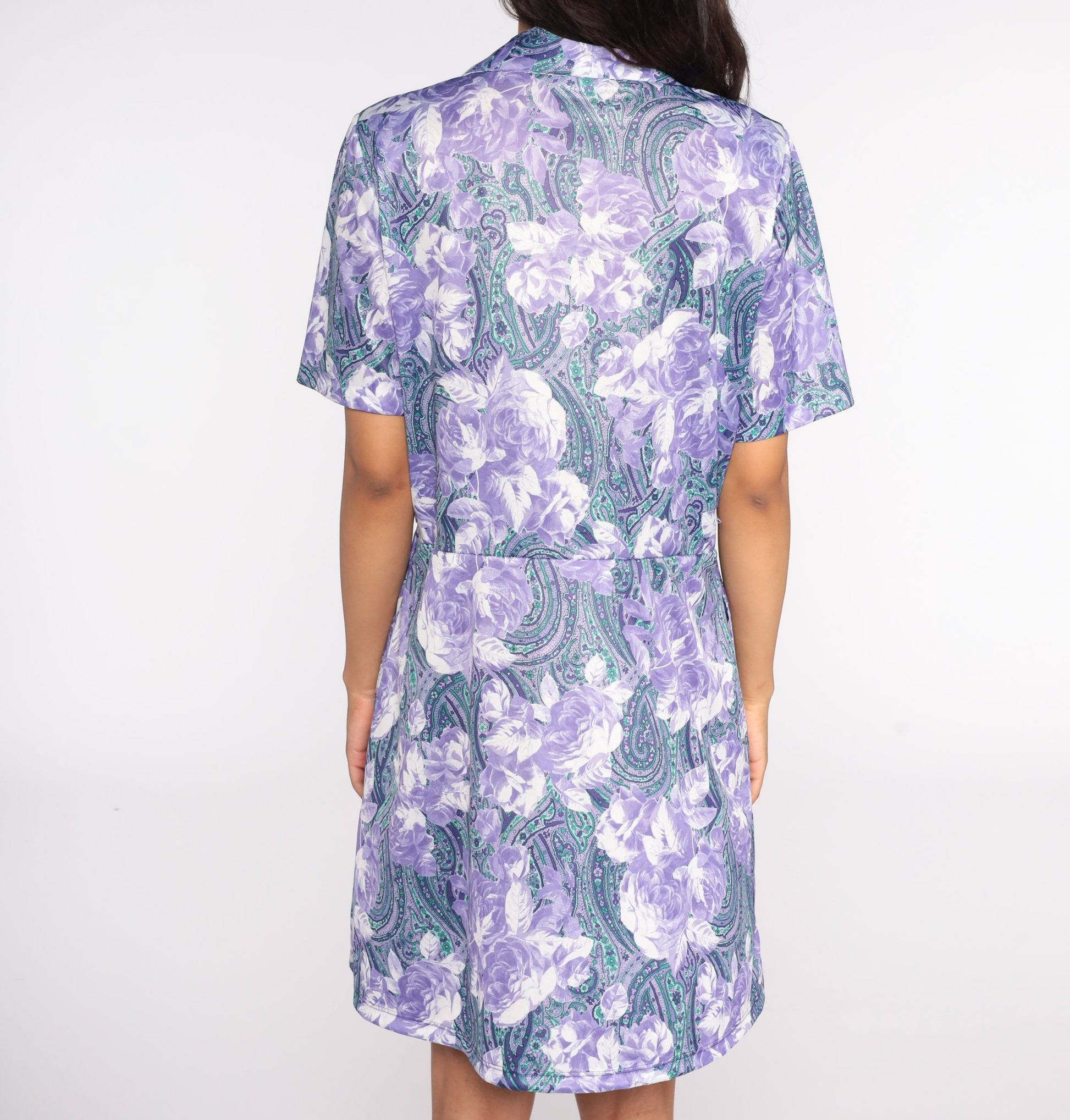 80s Purple Floral Mini Dress High Waisted Button Front Short Sleeve Large