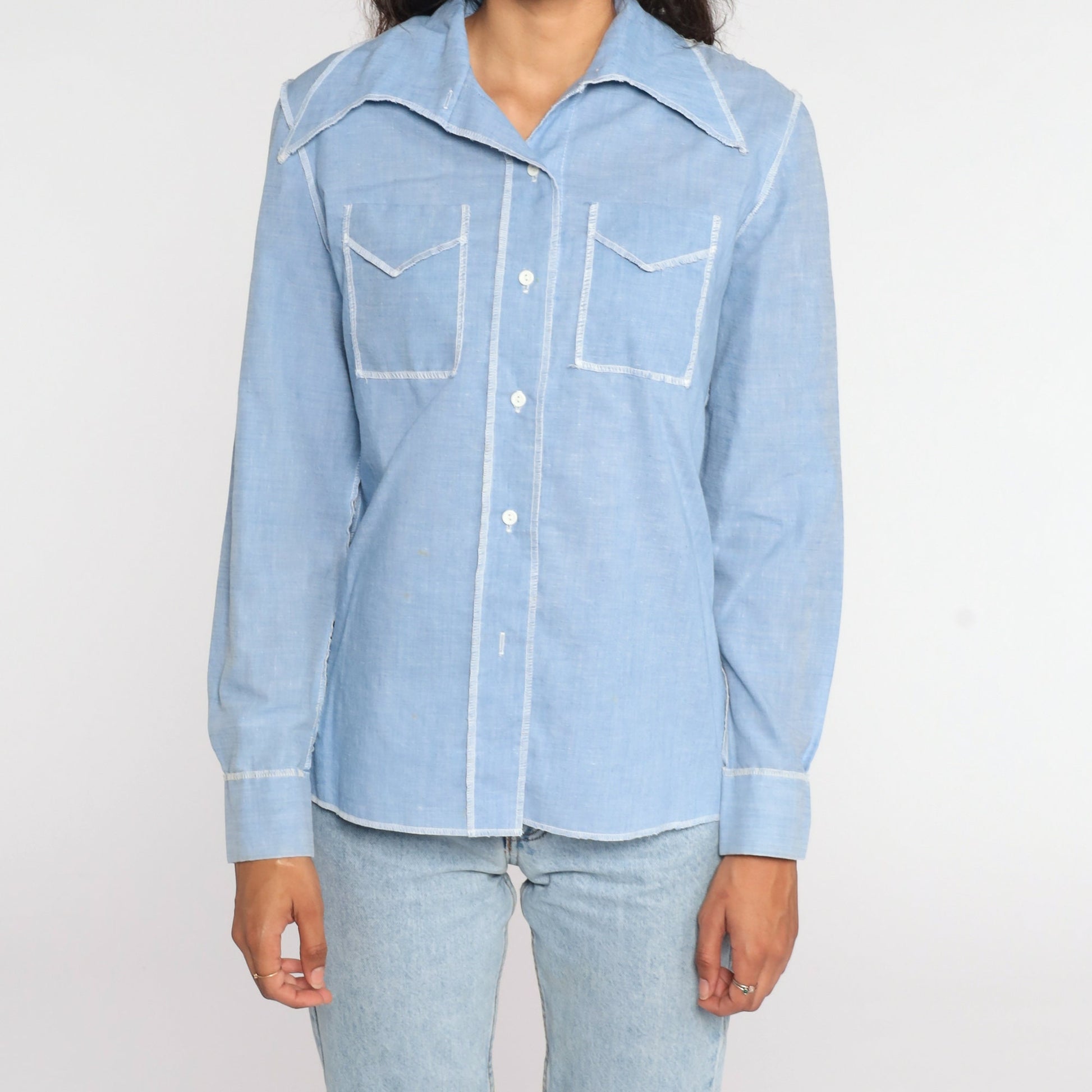 70s Blue Chambray Cotton Button-Up Shirt Long Sleeve Medium