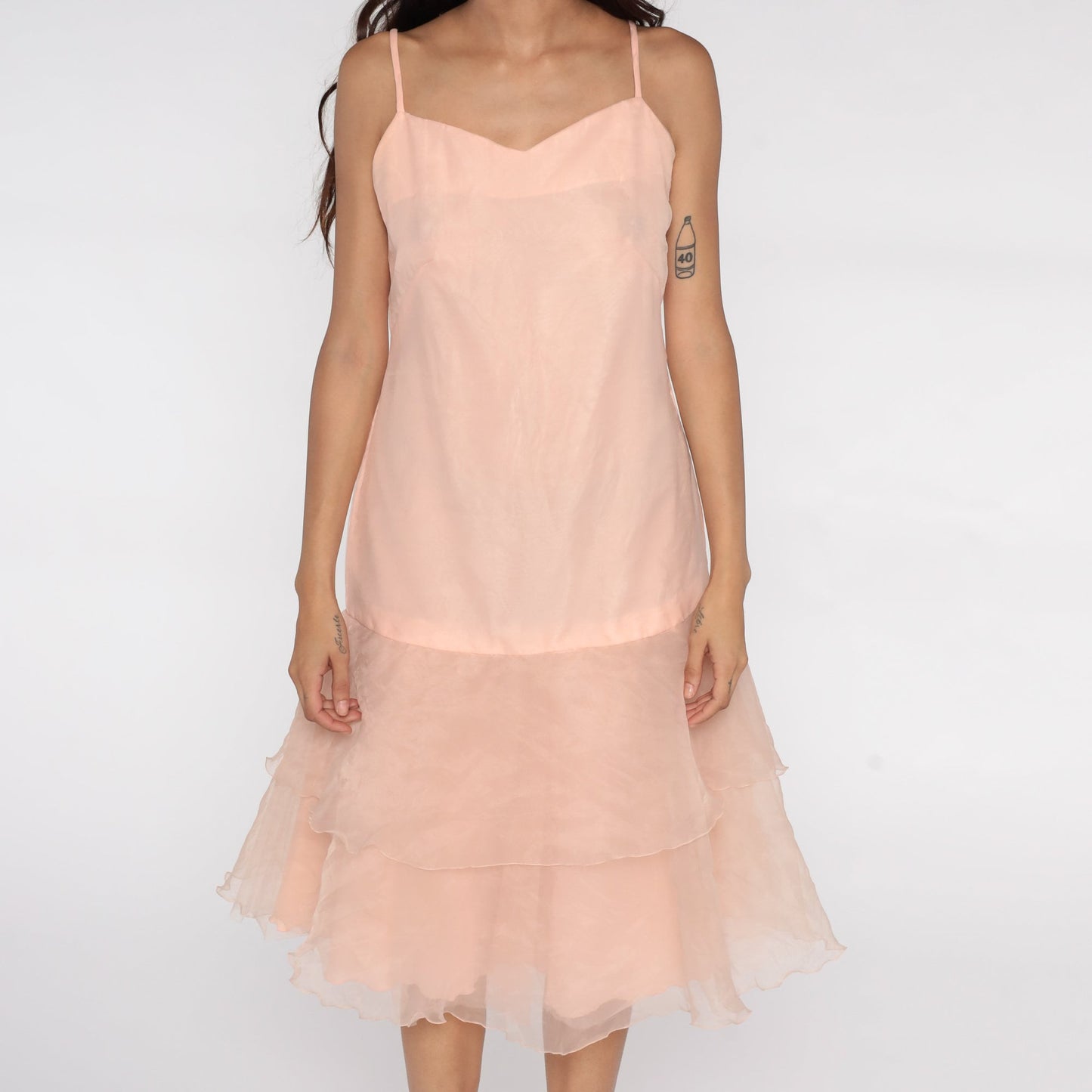 80s Pink Organza Slip Dress Midi Drop Waist Spaghetti Strap Small