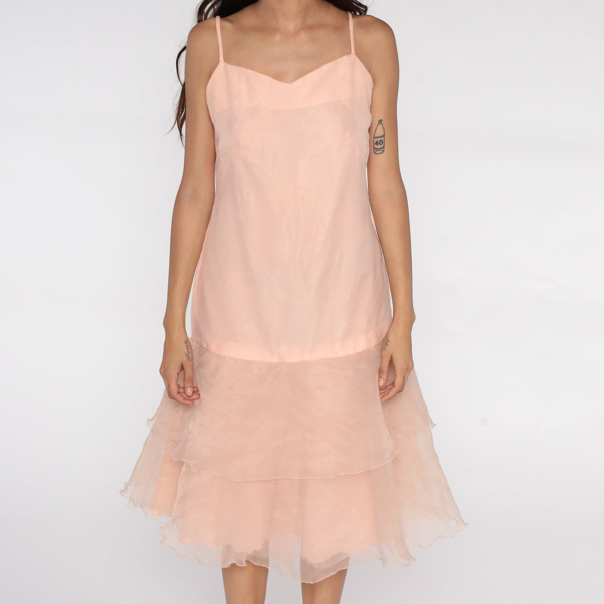80s Pink Organza Slip Dress Midi Drop Waist Spaghetti Strap Small