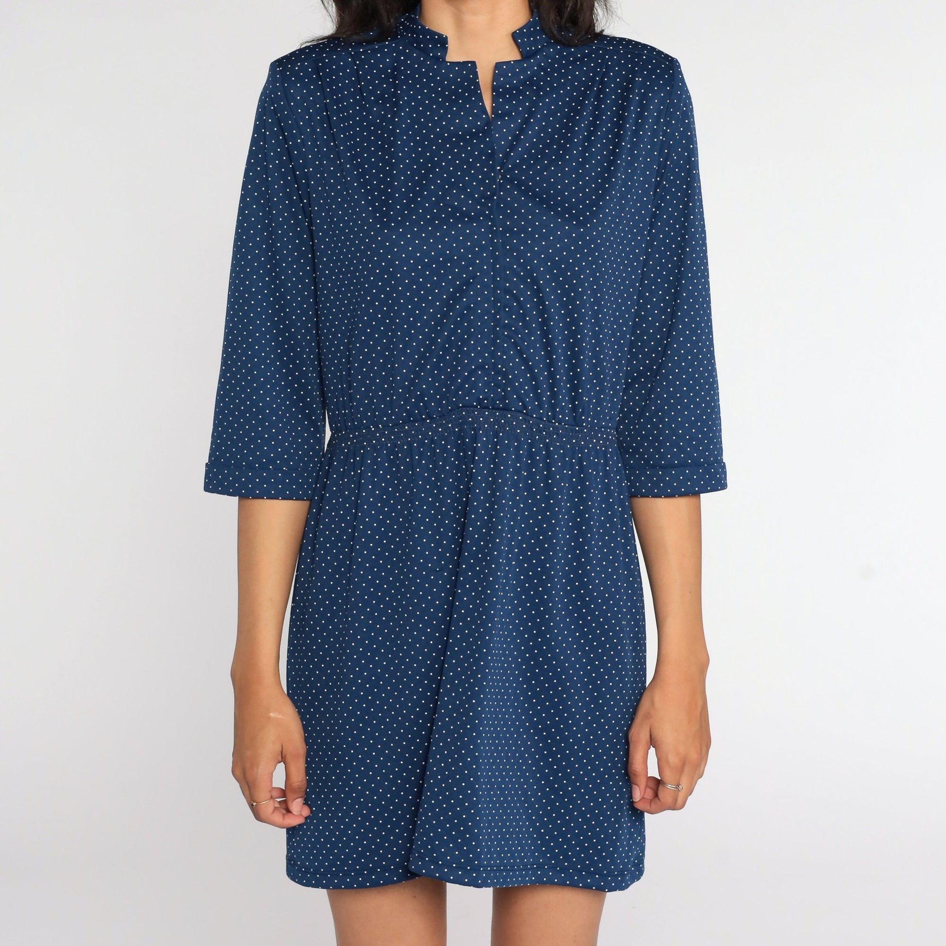 70s Blue Polka Dot Mini Dress High Waisted Short Sleeve Medium
