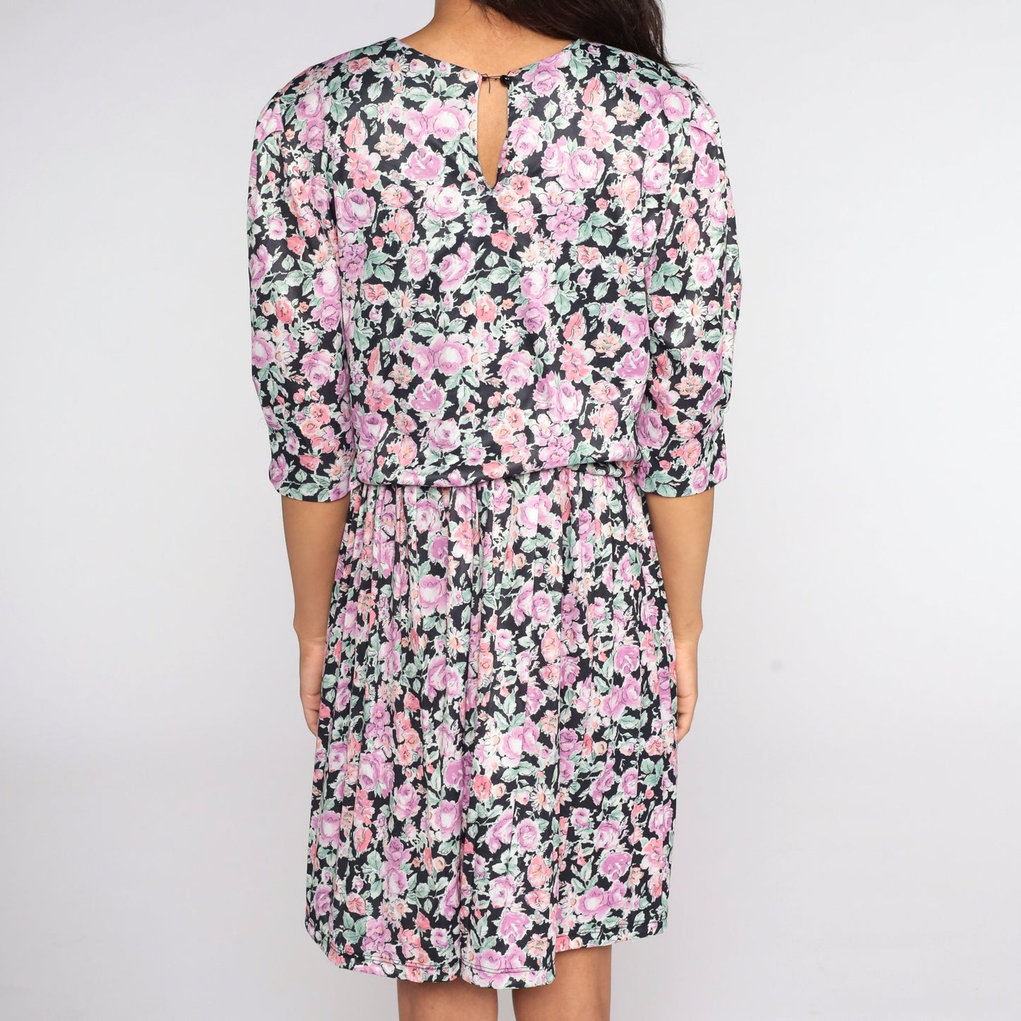 80s Floral Mini Dress Purple Pink Puff Sleeve High Waist Medium Large
