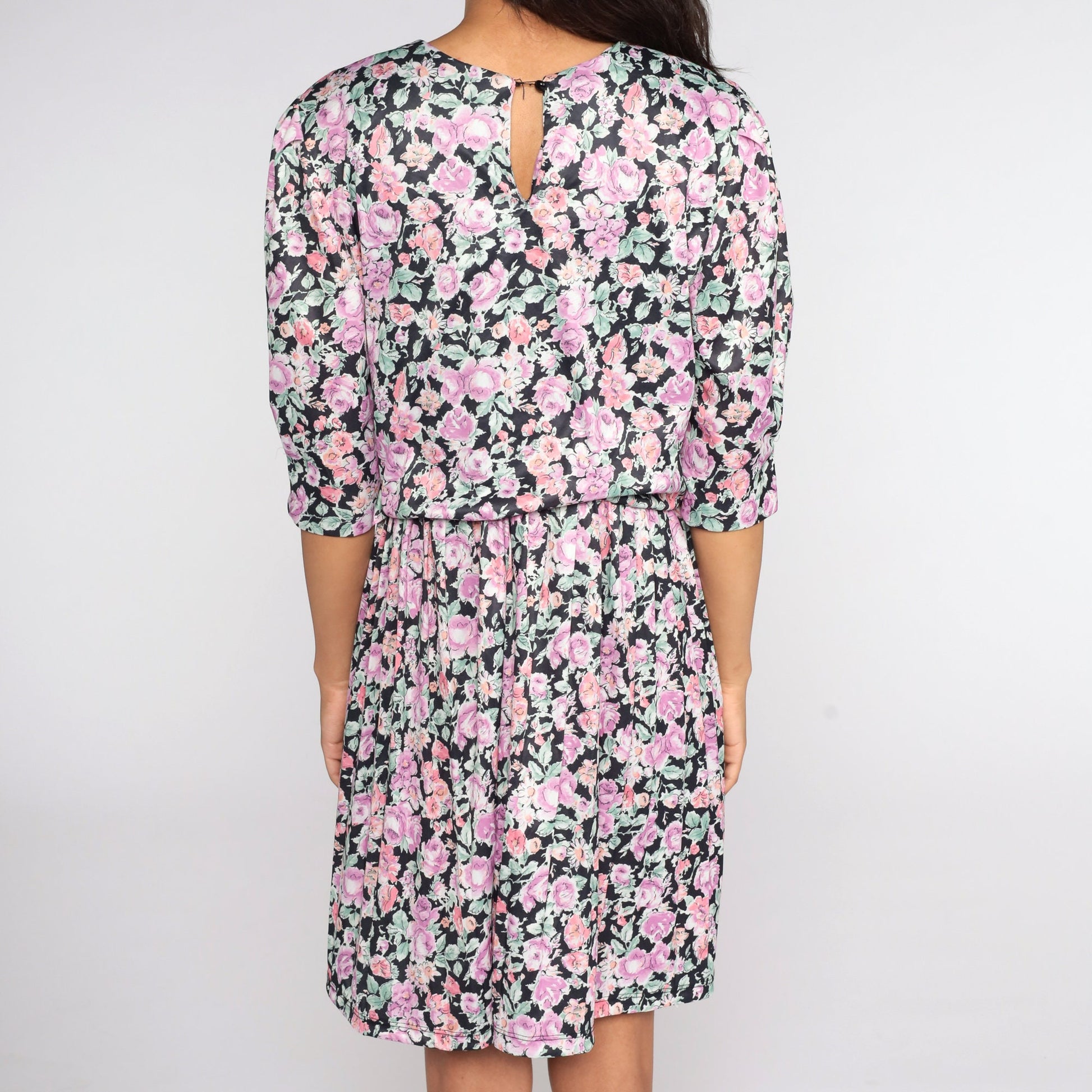 80s Floral Mini Dress Purple Pink Puff Sleeve High Waist Medium Large