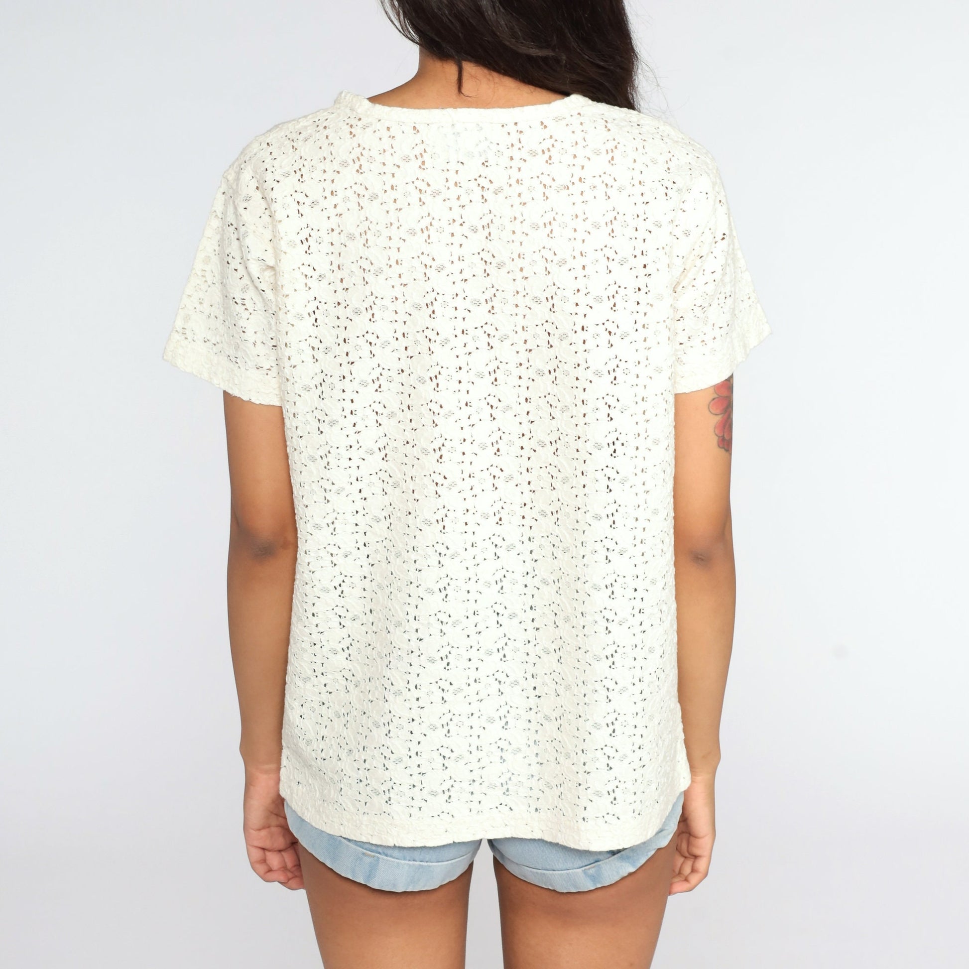 80s Sheer Cream Lace Blouse Short Sleeve Floral Cotton Nylon Medium